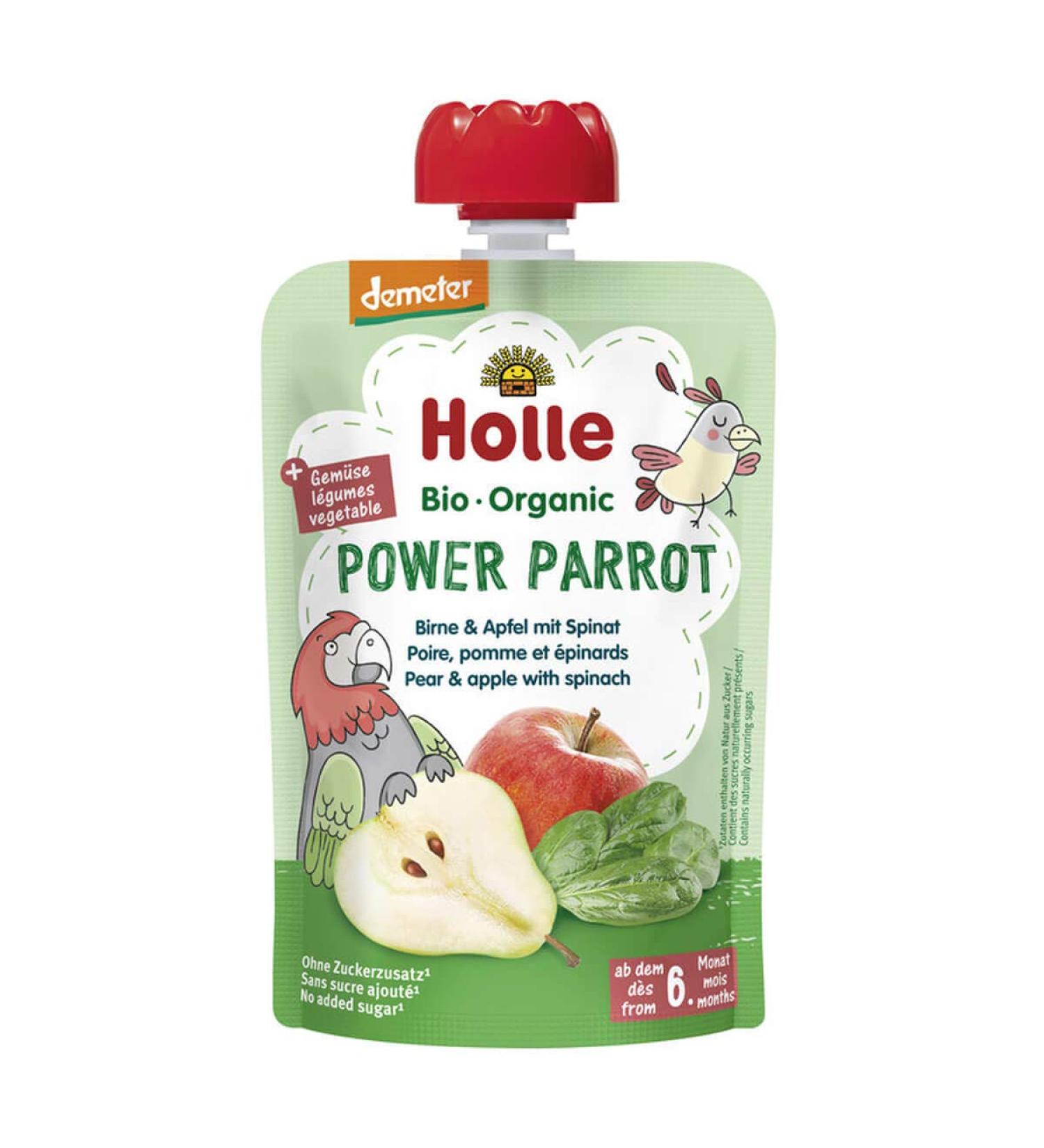 Holle - Quetschie Power Parrot Pouchy Pear Apple Spinach - 100 g - Pack of 12