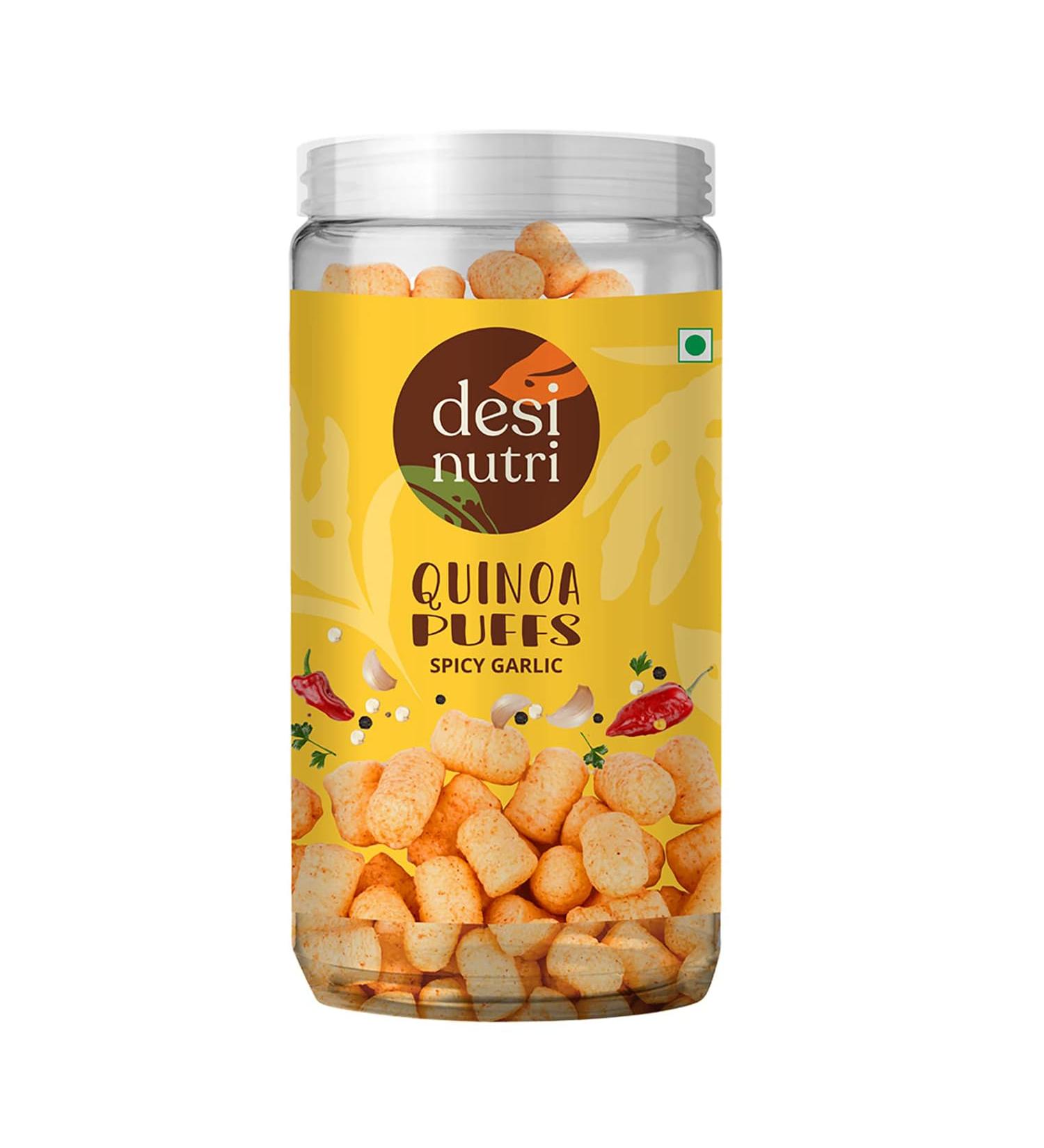 Desi Nutri Quinoa Puffs Spicy Garlic | Ready to Eat Quinoa Puffs Spicy Garlic | Quinoa Puffs Spicy Garlic Snacks - 60 gms | Rich in Iron & Protein - Buy Online on SooperMarket.com