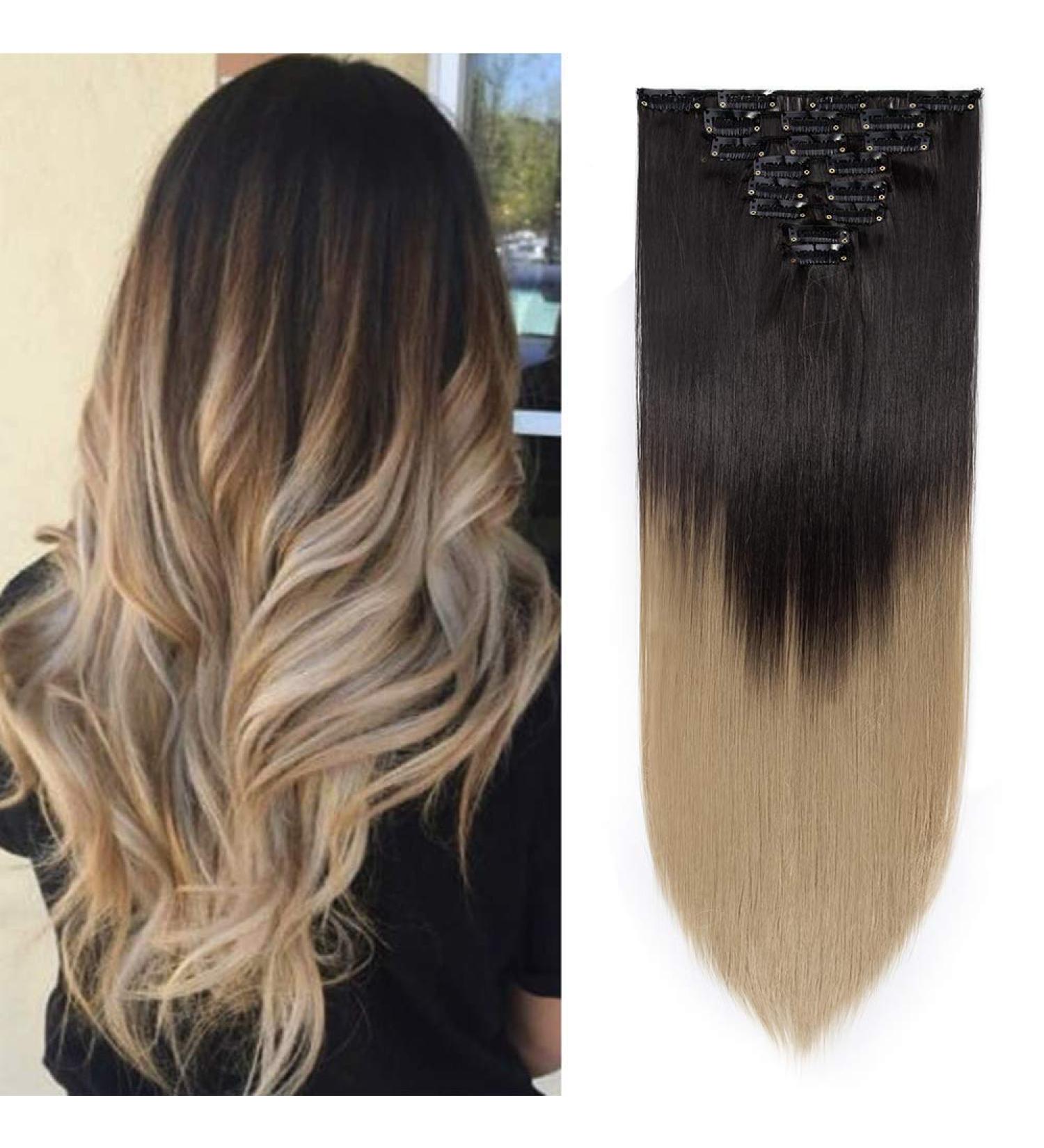 Silk-co 26 Inch 8PCS Clip in Hair Extensions Dark Brown to Ash Blond - 100% Synthetic Long Straight Hair Piece for Full Head - Buy Online on SooperMarket.com