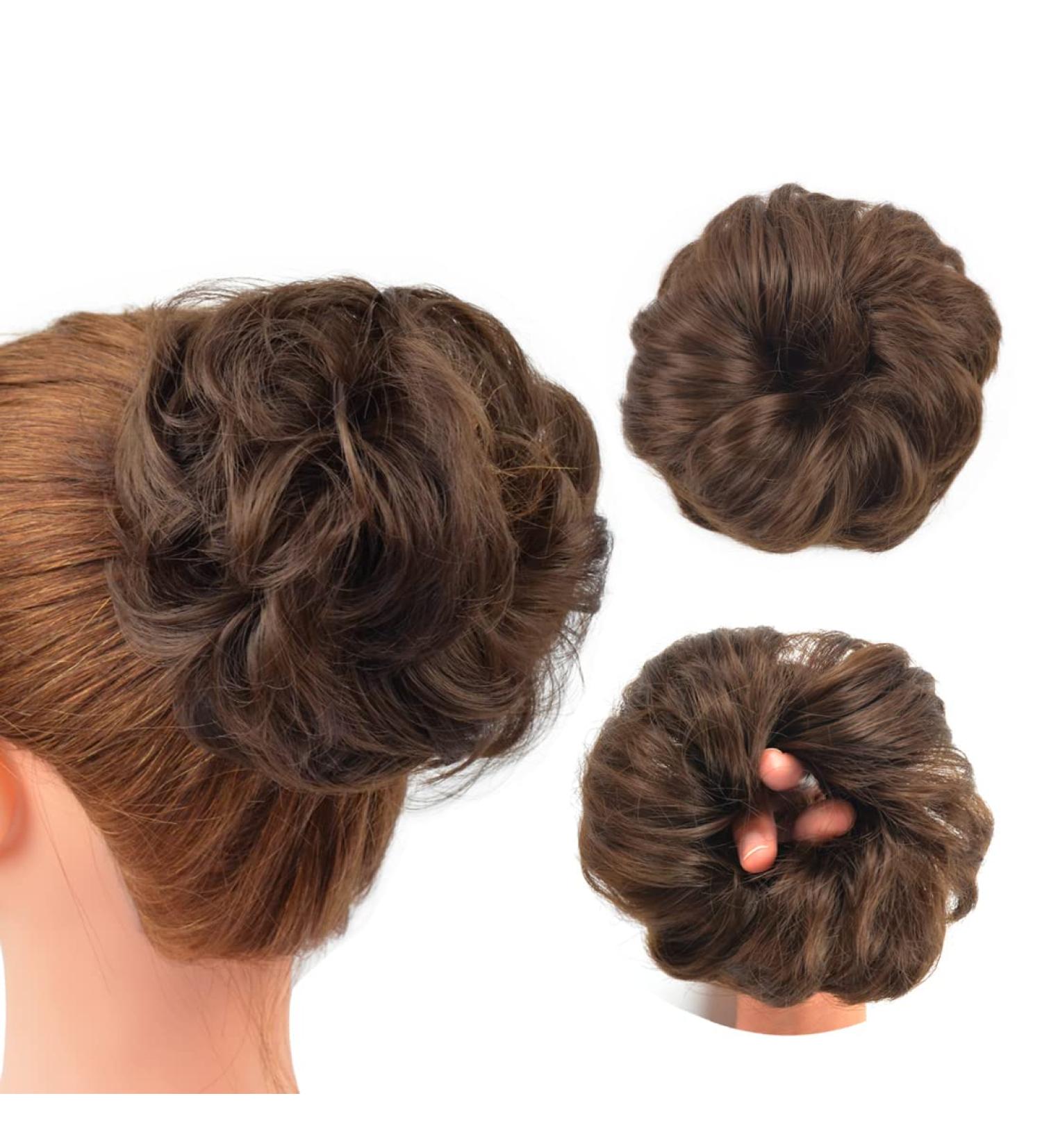 1 Piece Messy Hair Bun Chignon Ponytail in Medium Brown - Wavy Curly Hair Scrunchie Extension for Women - Buy Online on SooperMarket.com
