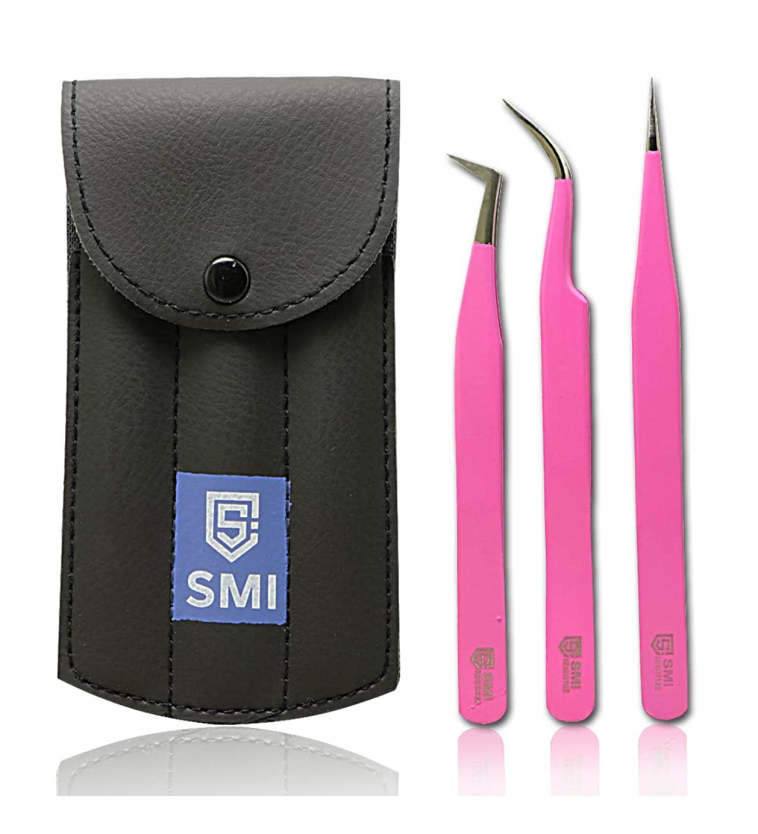 SMI 3 Pink Eyelash Tweezers Set - Pointed & Bent Stainless Steel for 3D/6D Volume Eyelash Extensions | Eyelash Pliers with Case - Buy Online on SooperMarket.com
