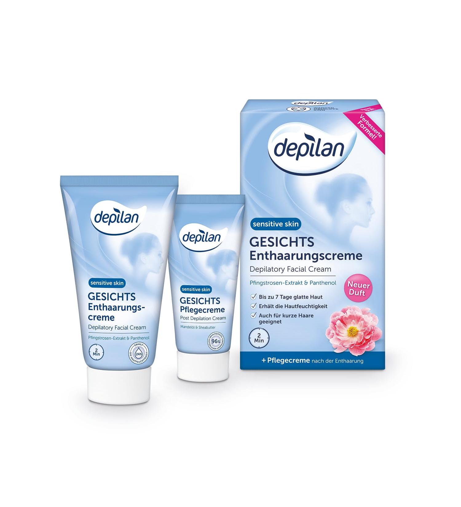 Depilan Facial Depilatory Cream for Sensitive Skin - Gentle Hair Removal for Upper Lip Chin Cheek & Nose - Includes 50ml Cream 30ml Care Cream & Sponge - International Shipping Available - Buy Online on SooperMarket.com