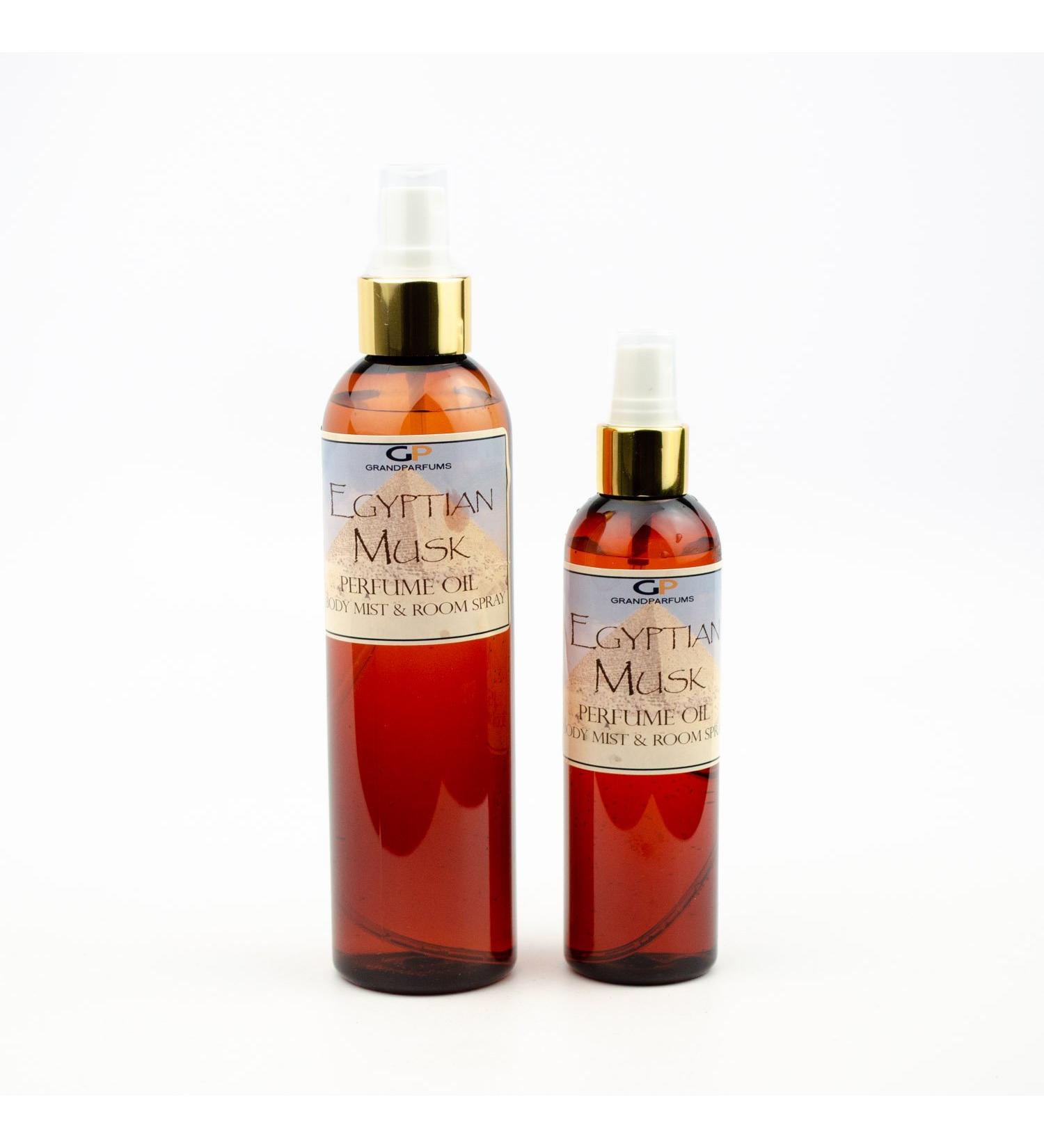 Grand Parfums Egyptian Musk Perfume Body Mist and Room Spray (4 Oz Gold Spray Cap). Please note: image shows both 4 Oz and 8 oz for comparison purposes. You only get onr bottle the size you choose. 1 Count (Pack of 1) Gold Spray Cap