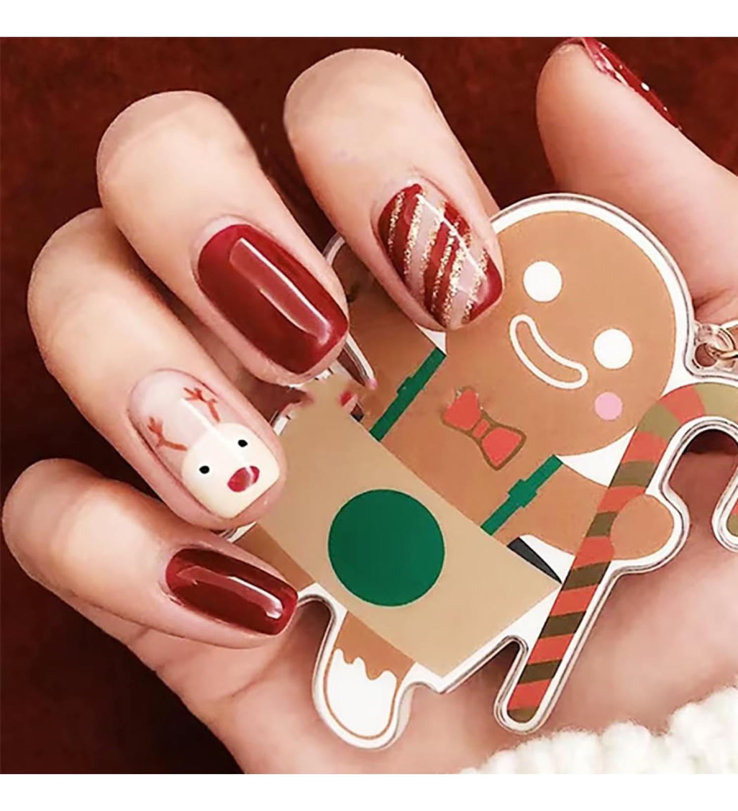 Brishow Christmas Snow Elk Press on Nails - Red Short Square Fake Nails for Women and Girls (24pcs) - Buy Online on SooperMarket.com
