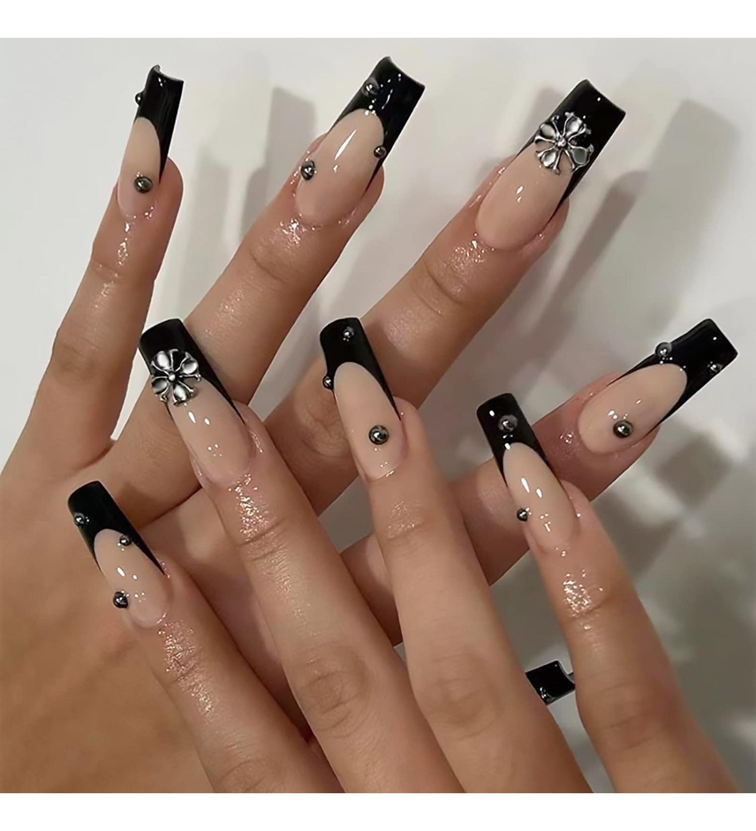 MISUD Long Press On Coffin Fake Nails - 24PCS Glossy French Tip Rhinestone Acrylic Nails for Women - Buy Online on SooperMarket.com