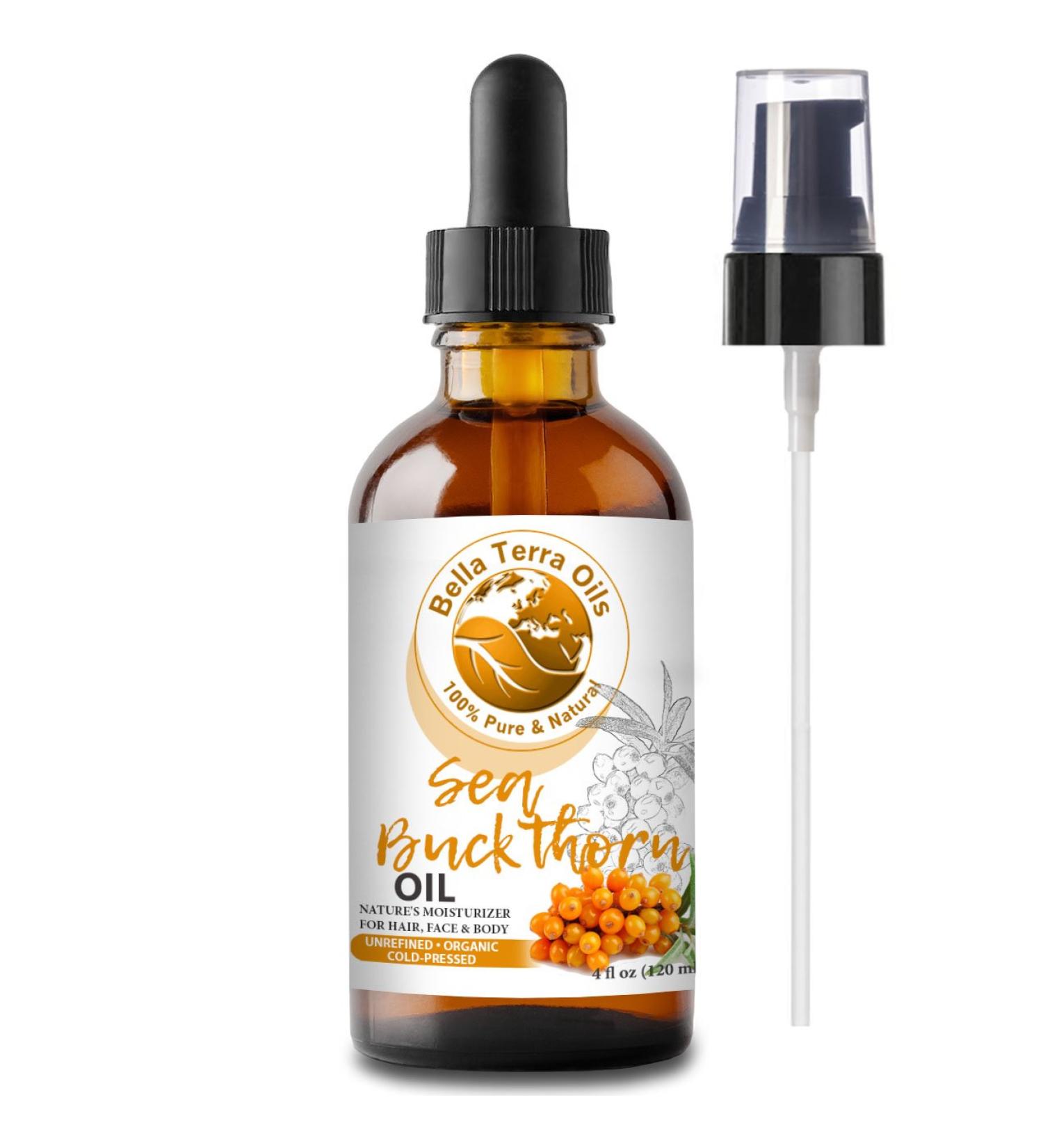 Bella Terra Oils Sea Buckthorn Oil 4oz - 100% Pure, Cold-Pressed, Unrefined, Organic - Rich in Vitamin C, Natural Moisturizer for Dry Skin & Hair - Buy Online on SooperMarket.com