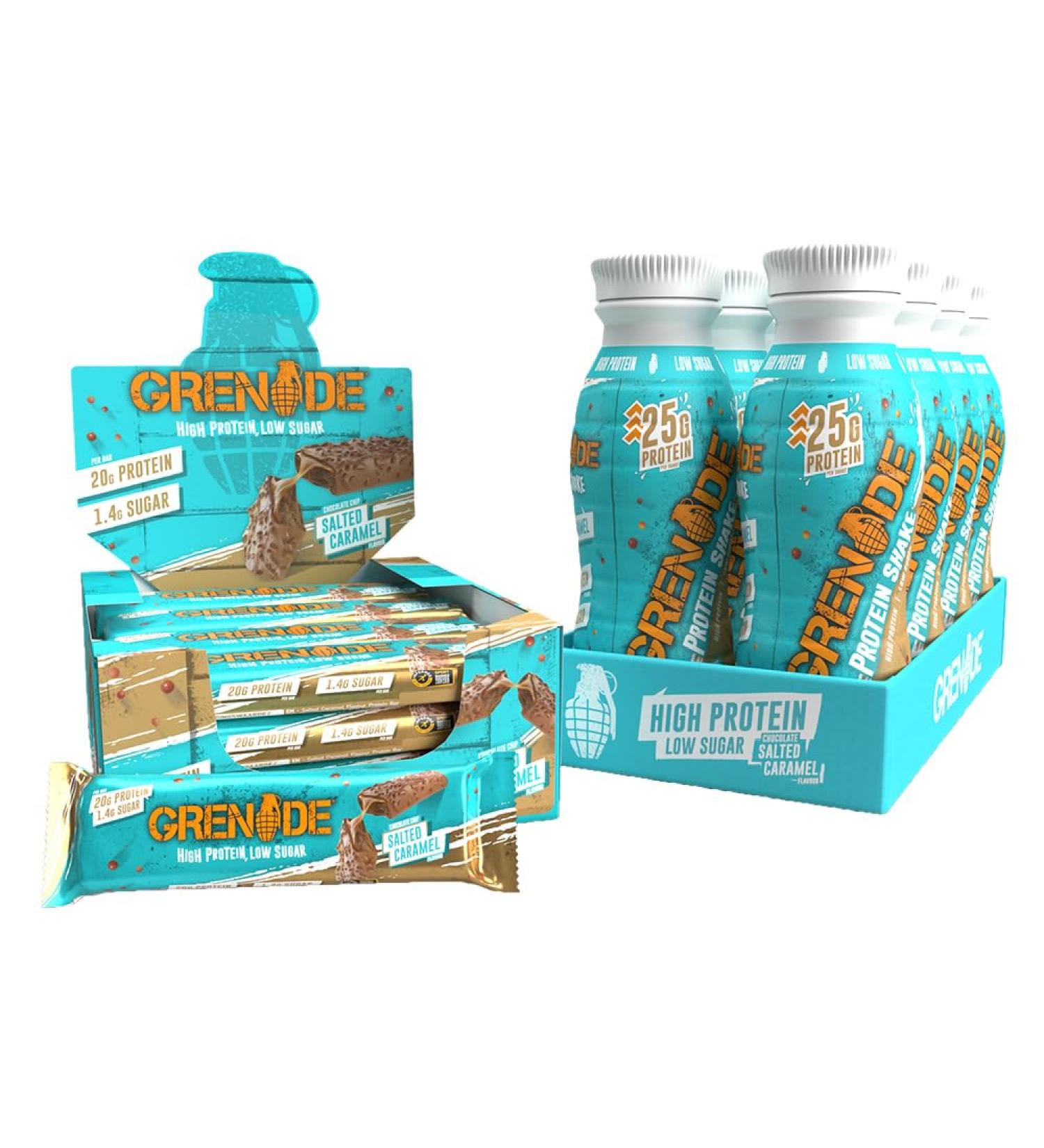 Grenade High Protein Shake - Chocolate Salted Caramel 8 x 330 ml + Grenade High Protein Low Sugar Bar - Chocolate Chip Salted Caramel 12 x 60 g - Buy Online on SooperMarket.com