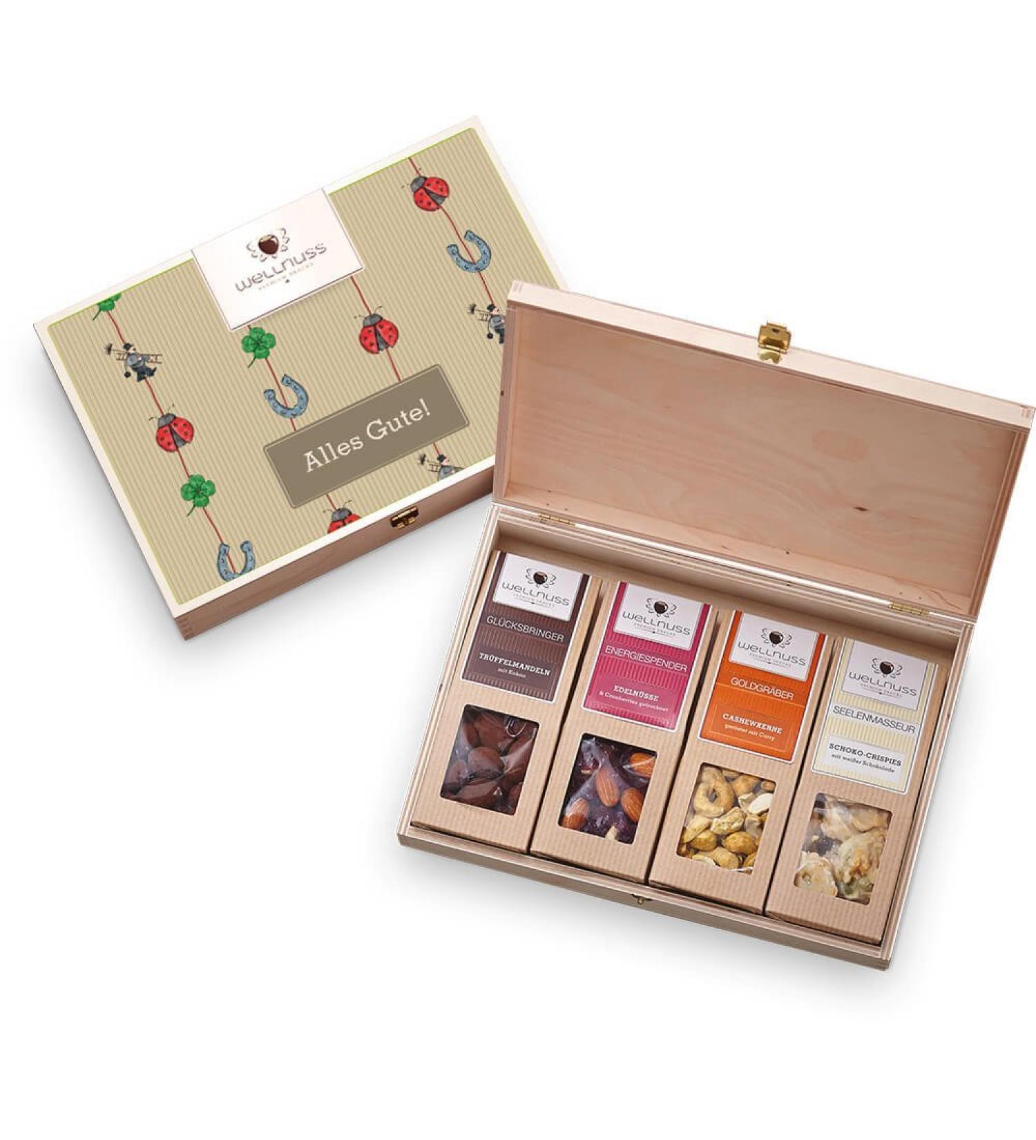 Wellnut Gourmet Birthday Gift Set - Premium Delicatessen in Birch Wood Box | 4 Nut Mixes & Chocolate Snacks for Men & Women - Buy Online on SooperMarket.com