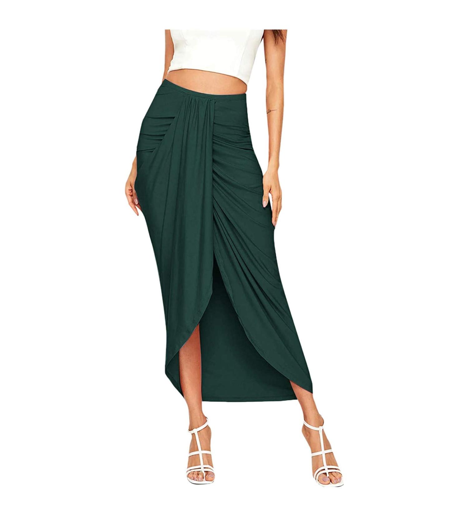 Sanahy Women's Green Maxi Wrap Skirt | Elastic High Waist | Casual Boho Style | XXL - Buy Online on SooperMarket.com