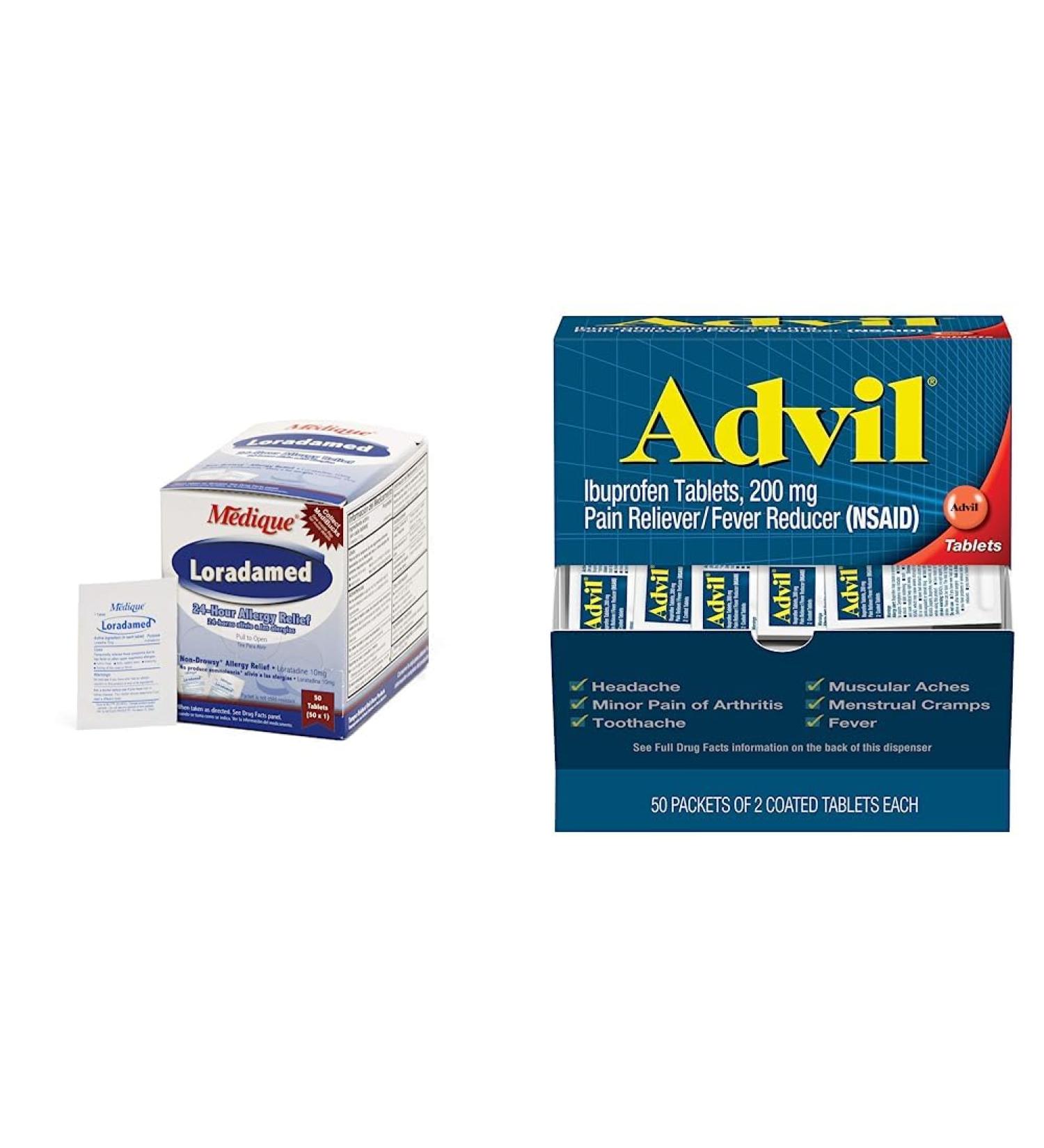 Medique 20350 Loradamed 50 Tablets & Advil Pain Reliever - 100 Tablets, Ibuprofen 200mg for Pain Relief - Buy Online on SooperMarket.com