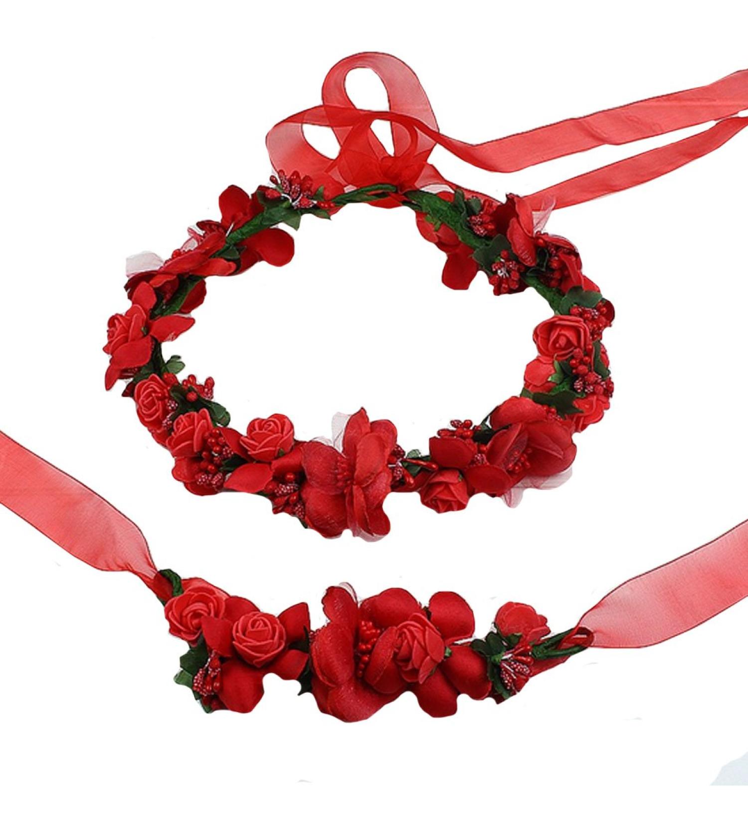 AISI Red Flower Wreath & Bracelet Set | Boho Hair Band & Crown for Wedding & Festival - Buy Online on SooperMarket.com