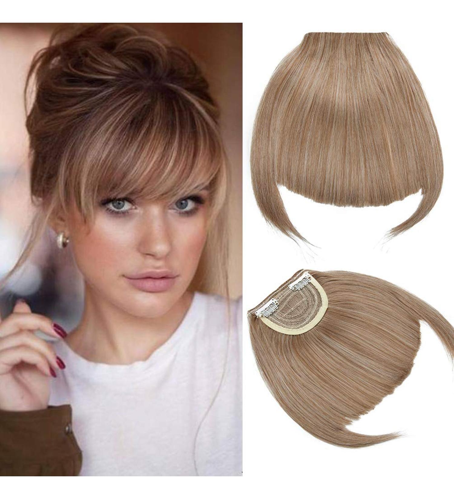 Clip in Bangs Fringe Hair Extensions Thick Full Neat Front Bangs Extension Ombre mix Hair 2 Clips on Bangs Hairpieces Accessories Light Ash Brown mix Bleach Blonde - Buy Online on SooperMarket.com