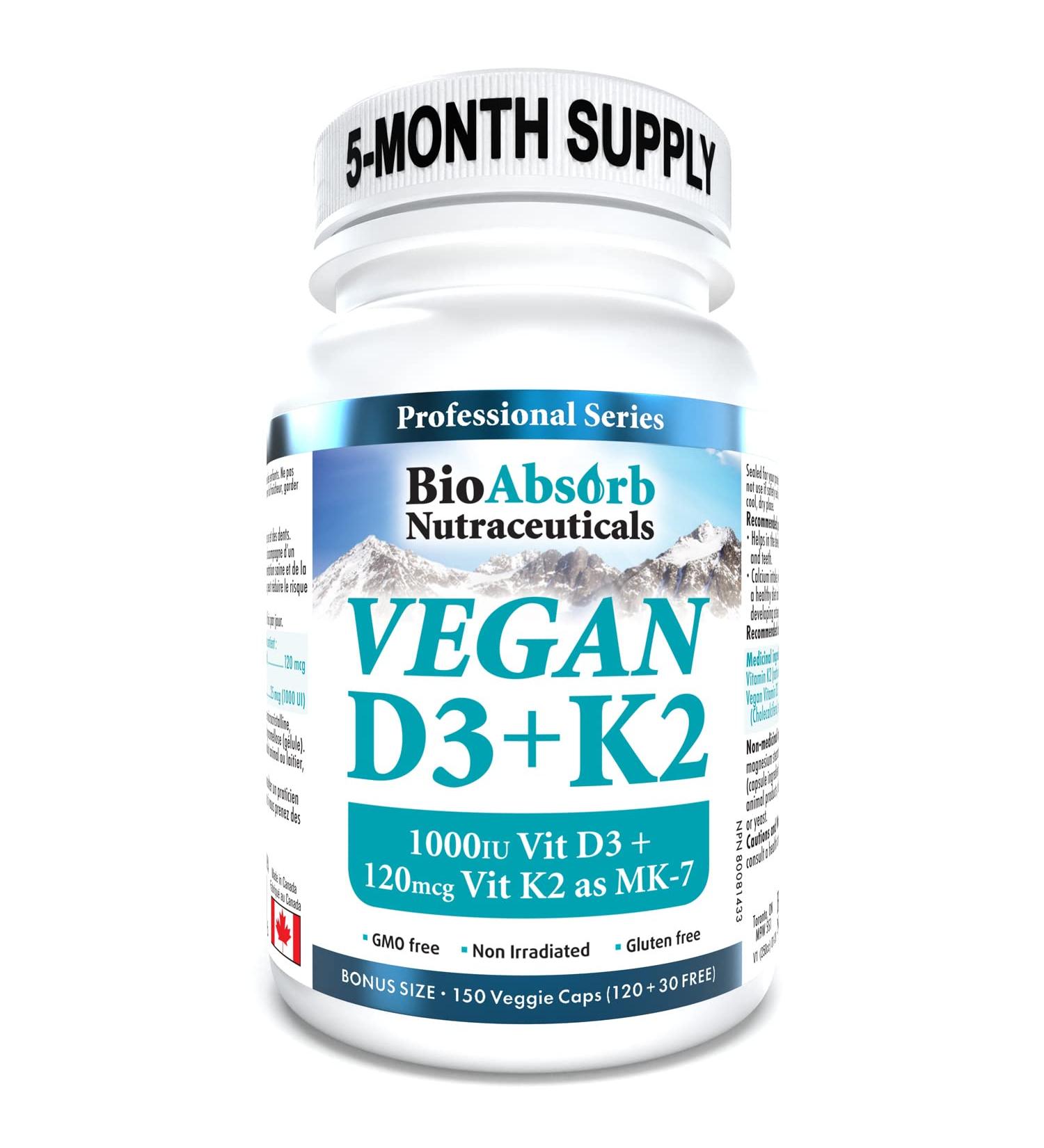 Vegan Vitamin D3 1000 IU + Vitamin K2 MK-7 Form (120 mcg). 150-Day Supply 150 Vegetarian Capsules - Buy Online on SooperMarket.com