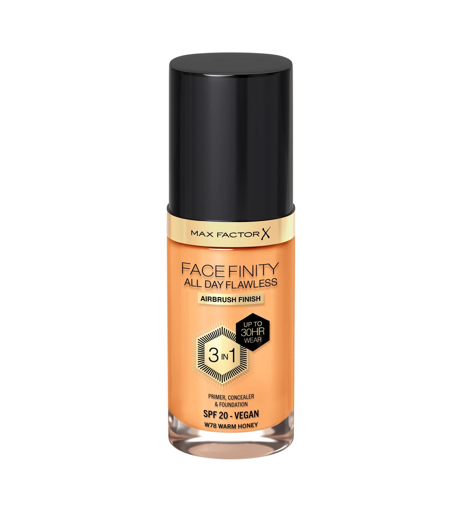 Max Factor Facefinity 3-in-1 All Day Flawless Liquid Foundation SPF 20 - 78 Warm Honey 30 ml - Buy Online on SooperMarket.com