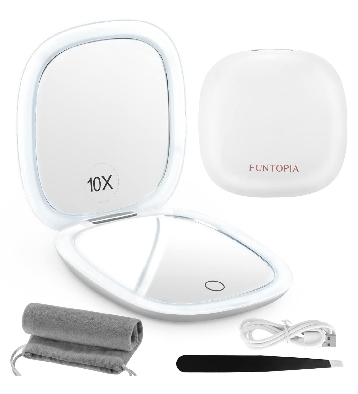 Magnifying Mirror with Light  Funtopia 1X/10X Magnification Compact Mirror  Dimmable Double Sided LED Lighted Travel Makeup Mirror  Portable for Handbag and Pocket  3.9 inch  USB Charging (White 1.white - Buy Online on SooperMarket.com