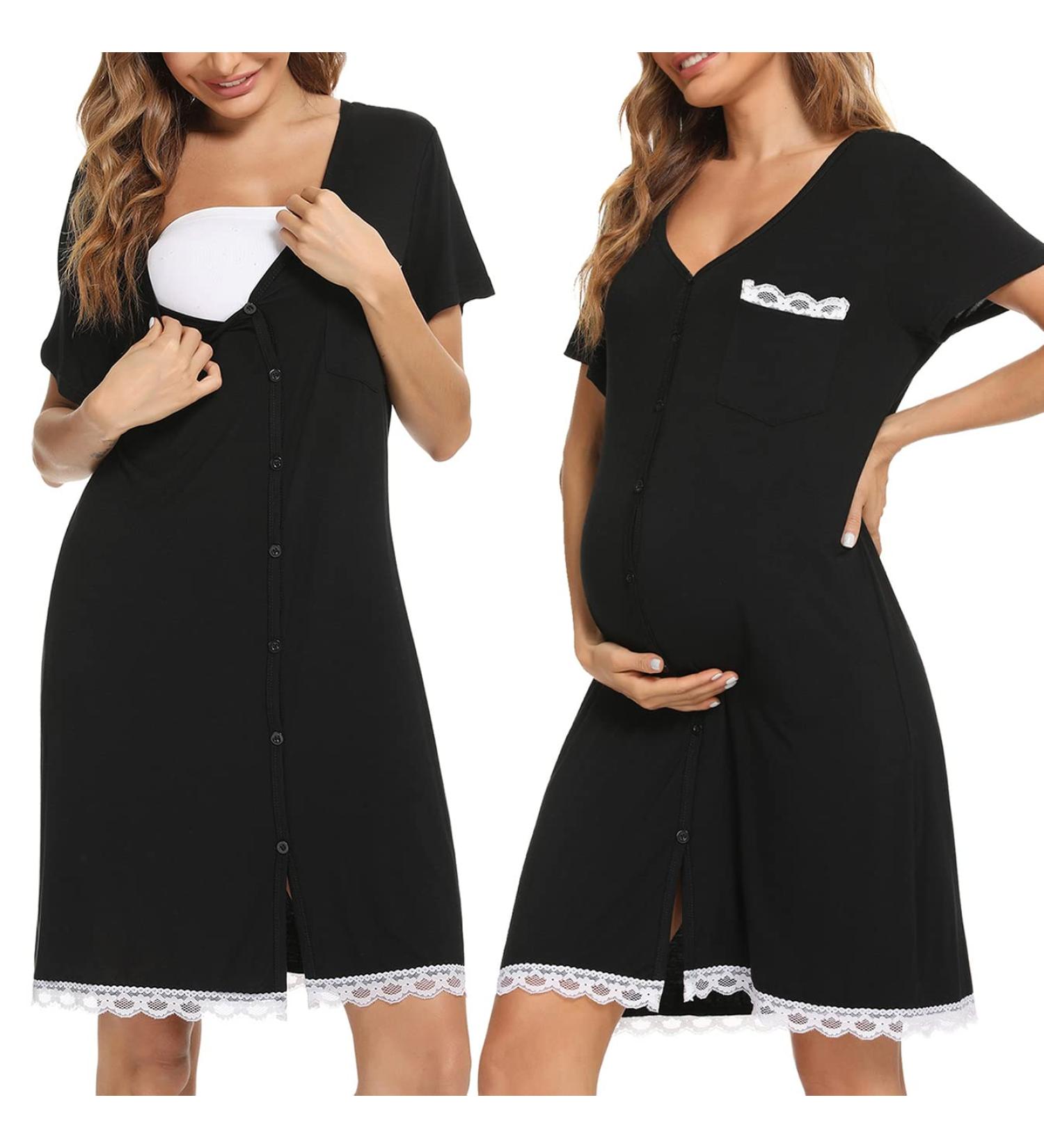 Uniexcosm Maternity Nursing Nightdress - Women's Soft Short Sleeve Nightgown Stripe Sleepwear in Black - Buy Online on SooperMarket.com