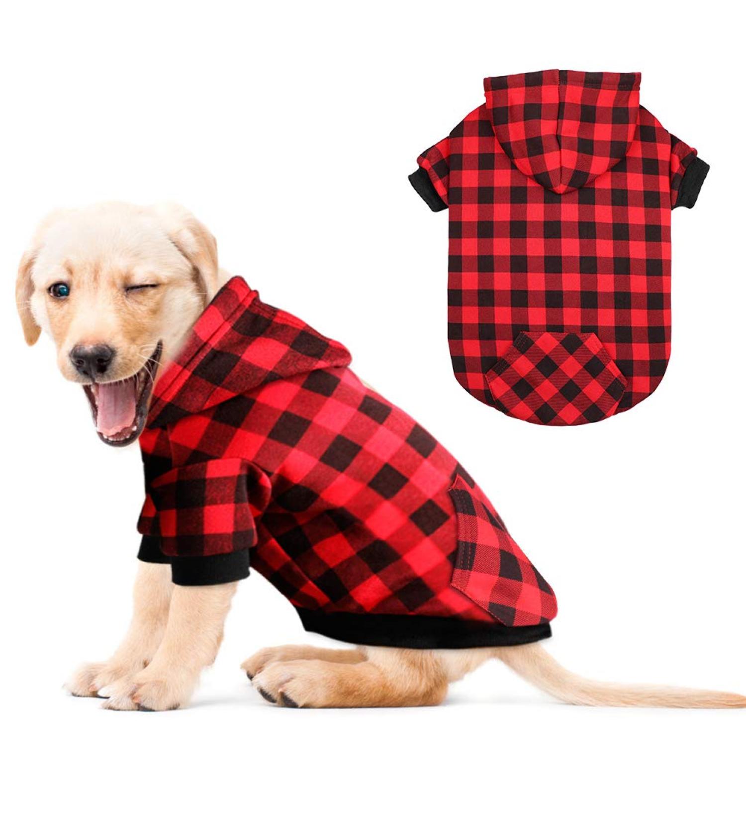 Red Plaid Dog Hoodie Sweater with Hat and Pocket - Size Small - Buy Online on SooperMarket.com