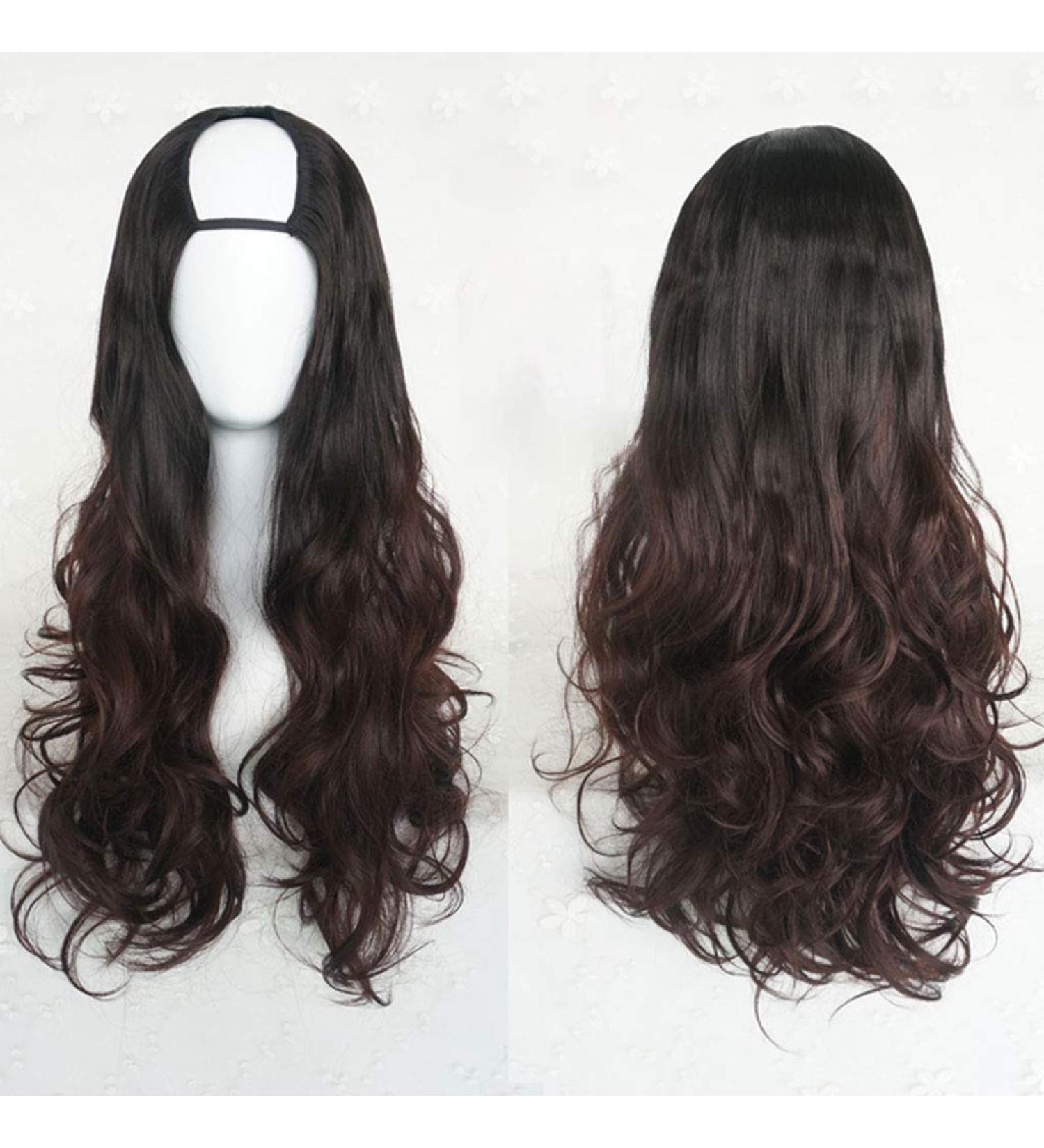 GJBXP Harajuku Fashion 28 Ombre Wavy Curly U-Shaped Wig - Heat Resistant Synthetic Fiber Hair for Girls - Fluffy Dark Roots - Buy Online on SooperMarket.com