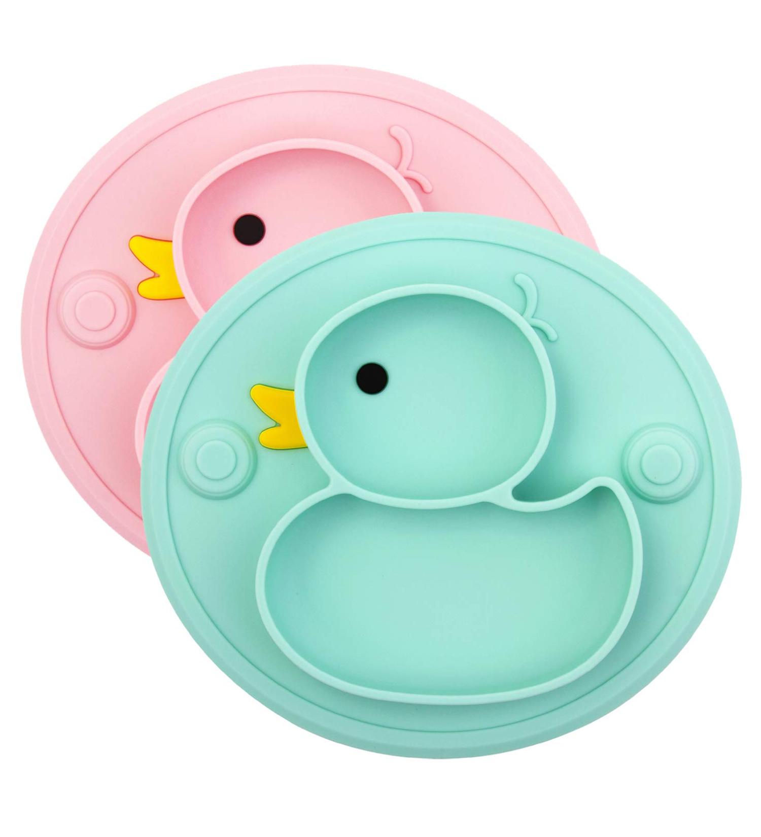 Non-Slip Baby Suction Plate | BPA-Free & FDA Approved | Dishwasher & Microwave Safe | Cyan/Rose Duck Design - Buy Online on SooperMarket.com
