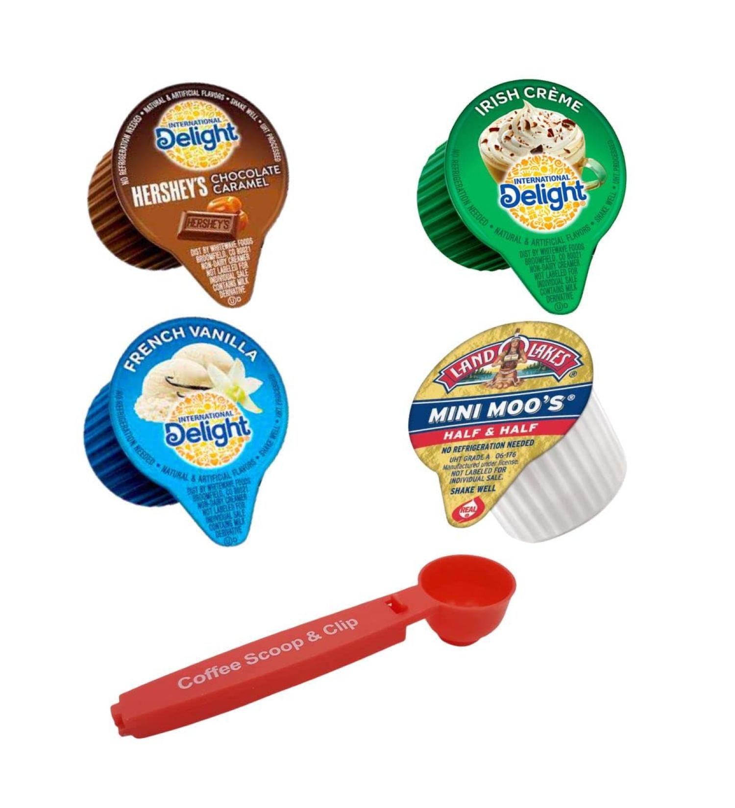 International Delight Creamer Singles 96 Count Variety Pack - French Vanilla, Irish Creme, Hershey's Chocolate Caramel, Mini Moos Half And Half - Includes Coffee Scoop/Bag Clip - Bulk Coffee Creamer - Buy Online on SooperMarket.com