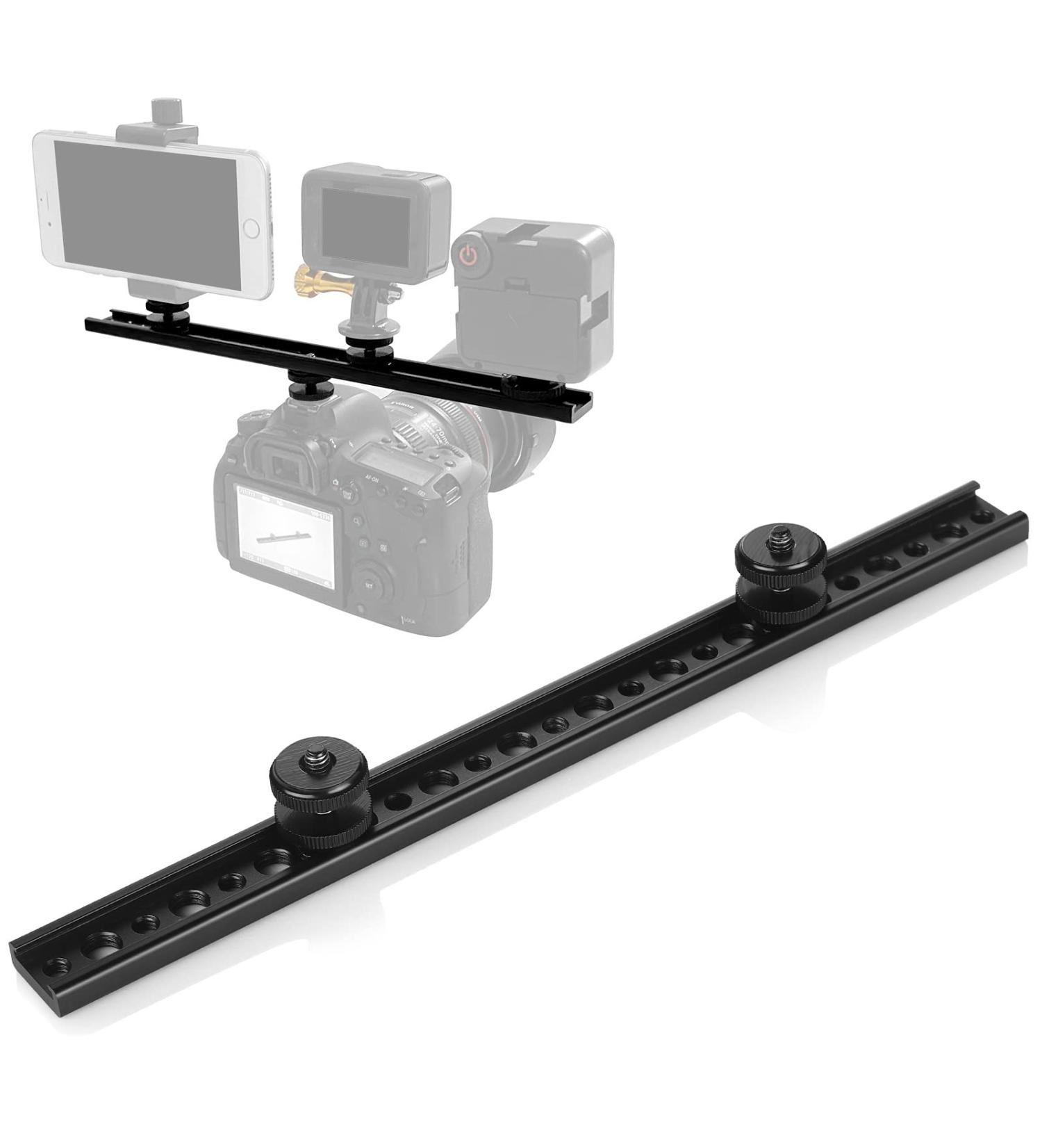 Aluminum Cold Shoe Extension Bar for Dual Camera Flash Mount - 1/4 & 3/8 Screw Tripod Bracket, Adjustable and Sturdy - Ideal for LED Video Light and Flash Photography - Buy Online on SooperMarket.com
