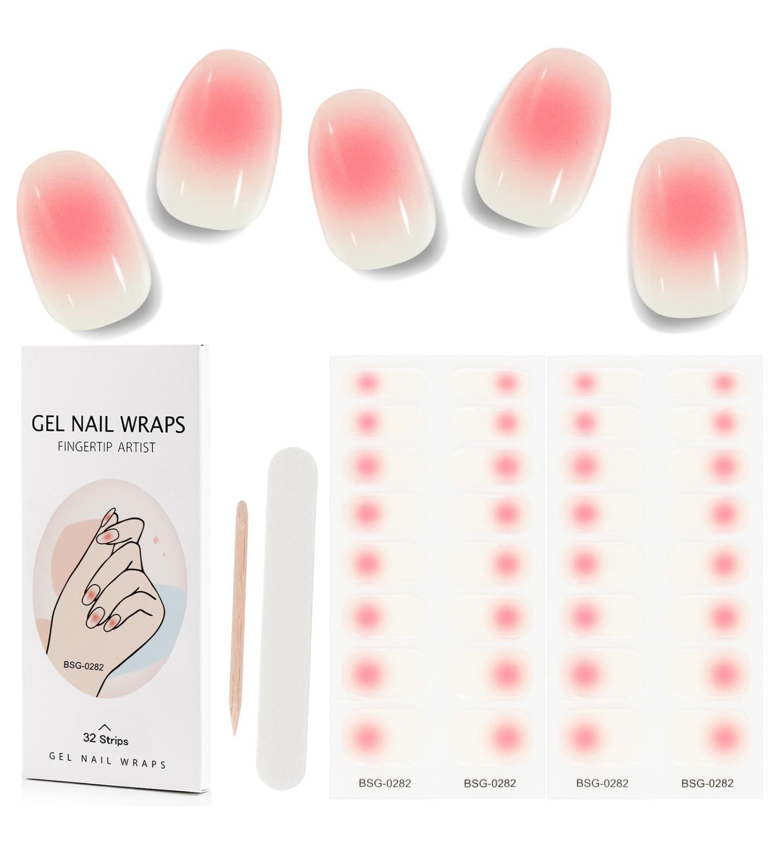 Kalolary 32PCS Cured Gel Nail Polish Strips Adhesive Full Wrap Gel Nail Art Sticker Waterproof Gel Nail Wrap Stickers with Nail File and Stick(UV/LED Lamp Required) (Pink Transparent) - Buy Online on SooperMarket.com