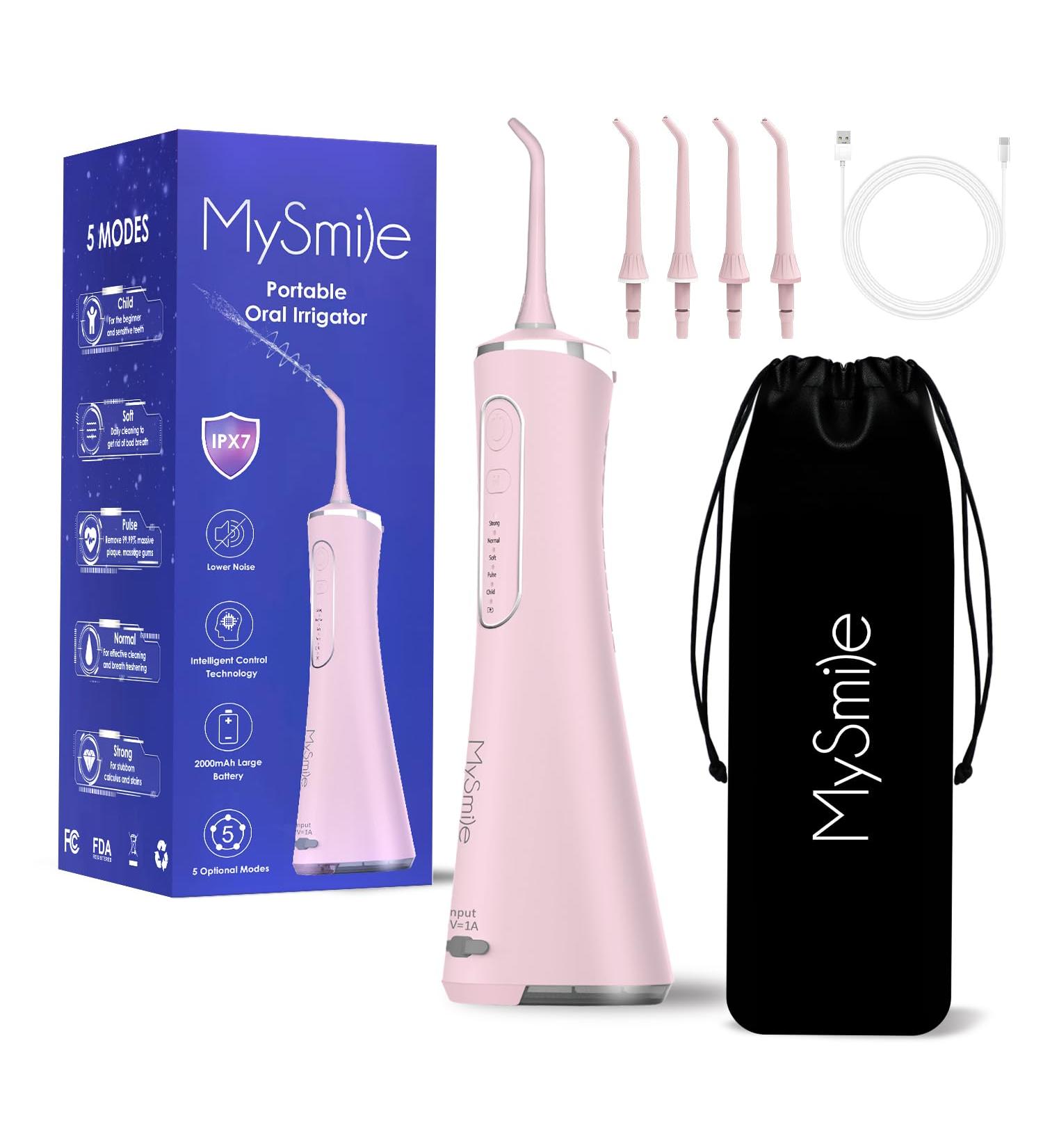 MySmile Water Dental Flosser - Cordless Oral Irrigator with 5 Cleaning Modes | IPX7 Waterproof, USB Rechargeable | 4 Replaceable Jet Tips | Teeth Cleaning Tool with PU Bag [Pink] - Buy Online on SooperMarket.com