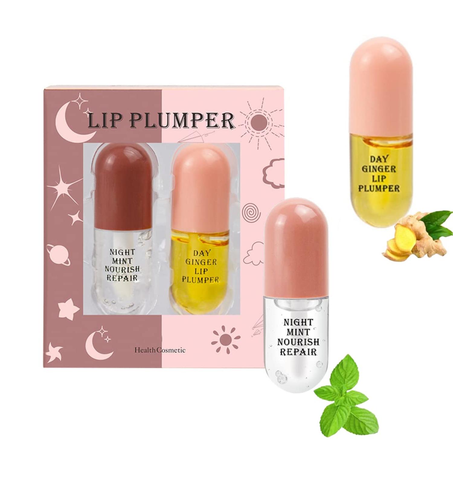 Natural Lip Plumper Set - Day & Night Serum for Softer, Bigger Fuller Lips - Lip Care & Enhancer Kit with Lip Mask - No More Chapped Lips - 2Pcs - Buy Online on SooperMarket.com