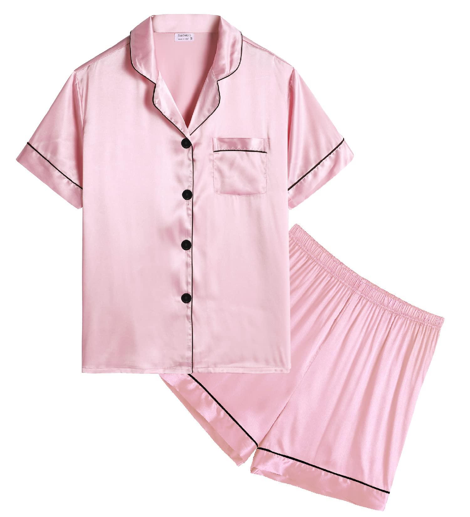 SWOMOG Kids Silk Pyjamas - Short Sleeve Satin PJs Set for Boys and Girls | Button-Down Silky Nightwear for Children and Teens | Ages 4-16 | Pink - Buy Online on SooperMarket.com