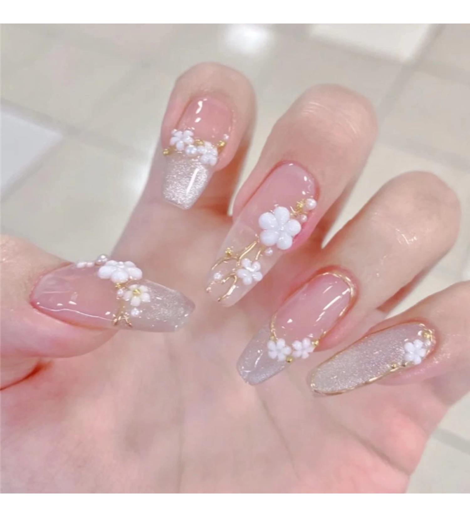 Golden Sequins Flower Press-on Nails for Women - Spring/Summer Nail Art DIY Kit - Buy Online on SooperMarket.com