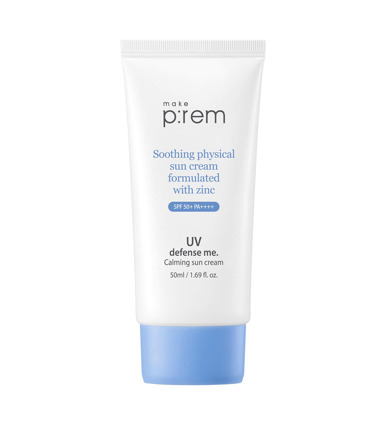 make prem UV defense me. Calming sunscreen  SPF 50+ PA++++ VEGAN Reef-safe Mineral Facial Sunblock  Non-Nano Zinc Oxide Hydrating Calming Korean Body Sunscreen for Sensitive Skin and All Skin Types  No oxybenzone or octi...