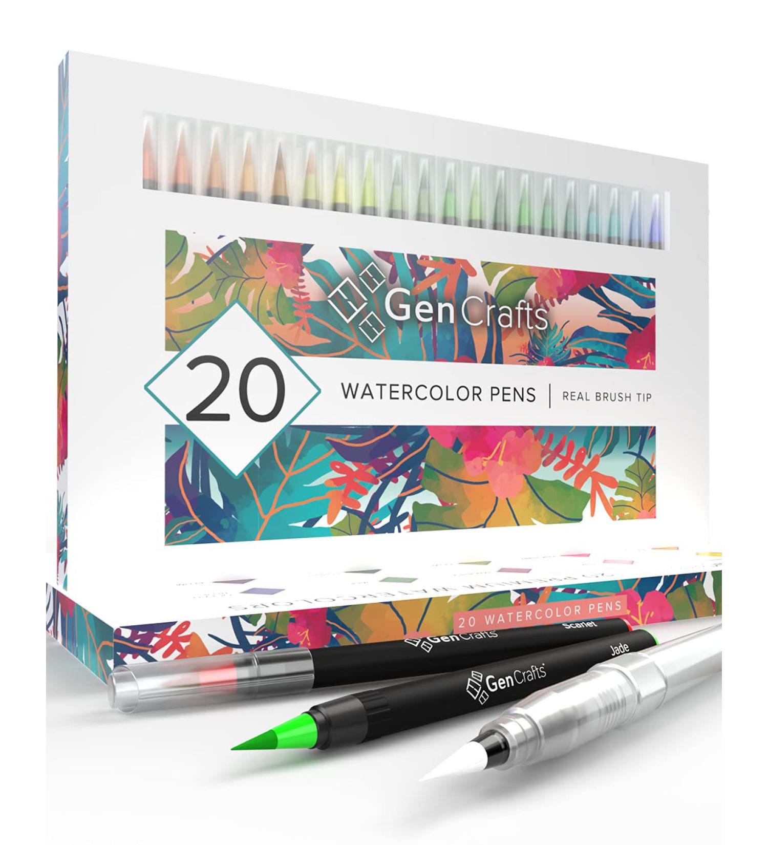 GenCrafts Watercolor Brush Pens Set - 20 Premium Colors with Real Brush Tips in No Mess Case - Washable & Non-toxic - Portable Painting Kit - Buy Online on SooperMarket.com