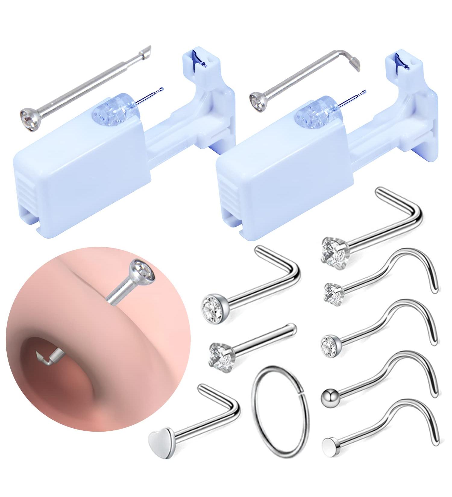 Firstomato Sterile Nose Piercing Gun Kit - Safe Self-Use Nose Ring Tool with Hypoallergenic Studs - 2pcs Clear Silver Crystals - Buy Online on SooperMarket.com