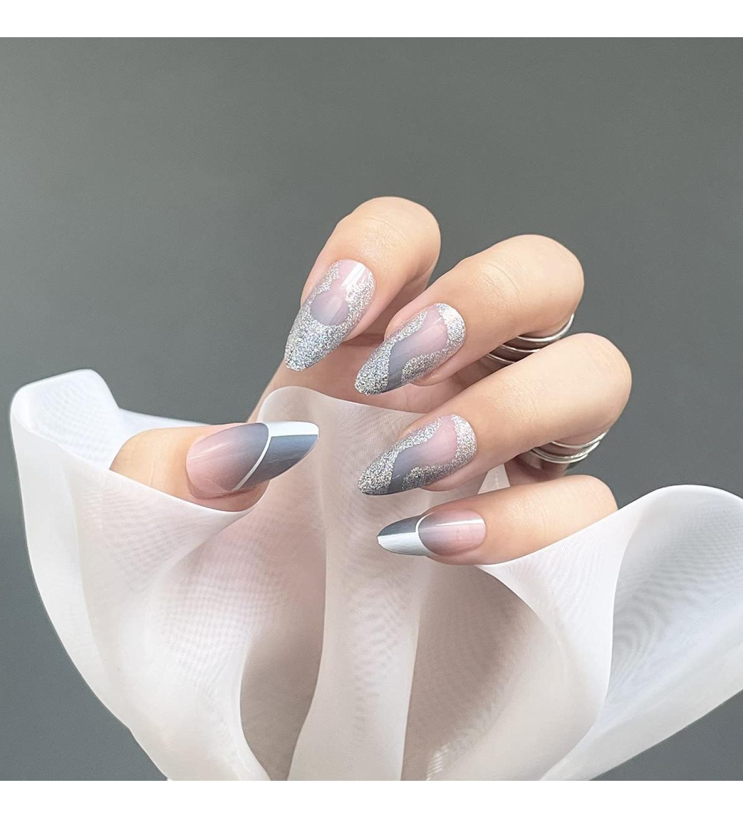 Justotry 24 Pcs Almond Glitter Silver Short False Nails Grey French Press on Nails with Nail Glue - Oval Medium Stick on Nails for Women - Buy Online on SooperMarket.com