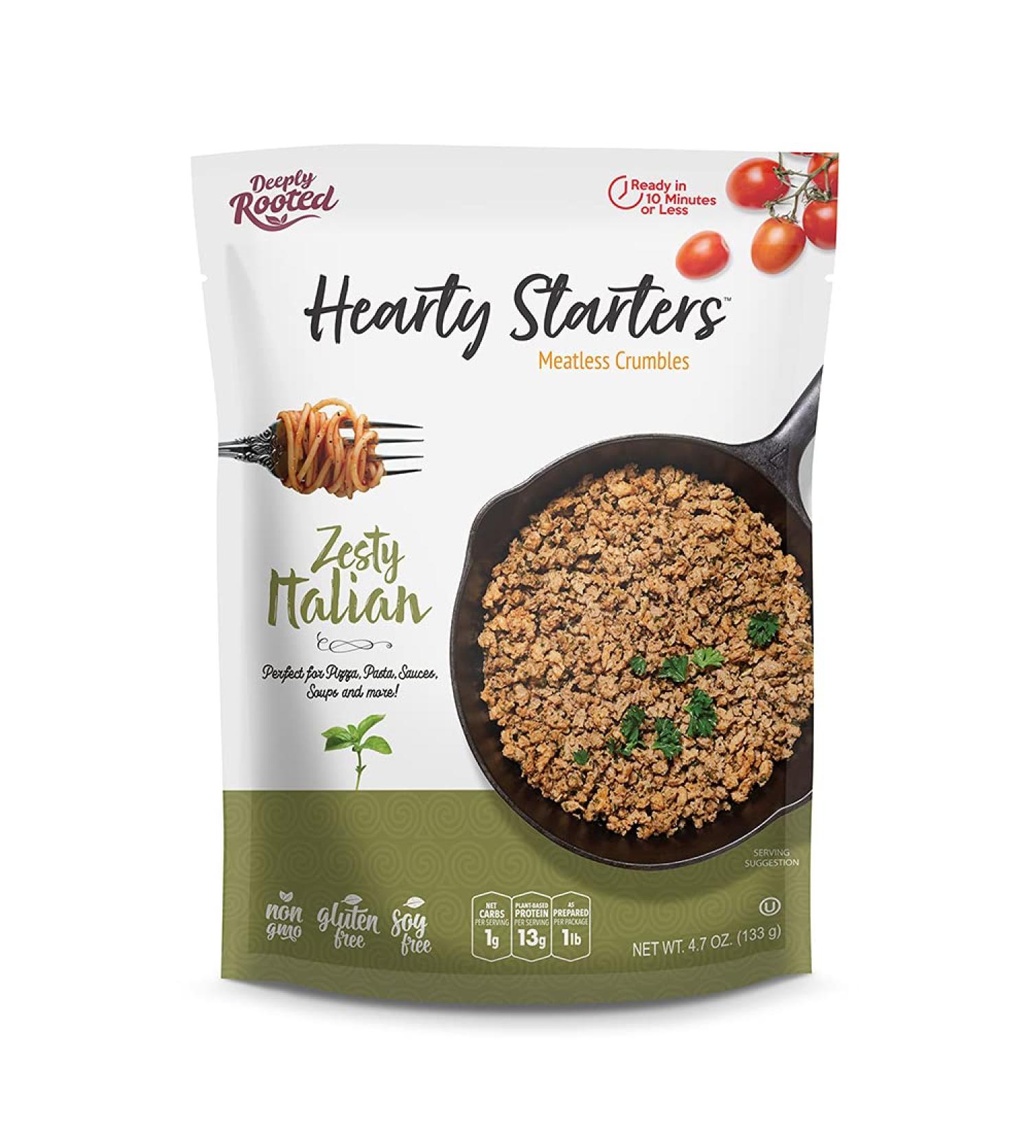 Deeply Rooted Hearty Starters Zesty Italian Meatless Crumbles - Plant-Based High Protein Vegan Non-GMO Clean Allergen Gluten Free Keto - 4.7 oz - Perfect for Pizza & Pastas - Buy Online on SooperMarket.com