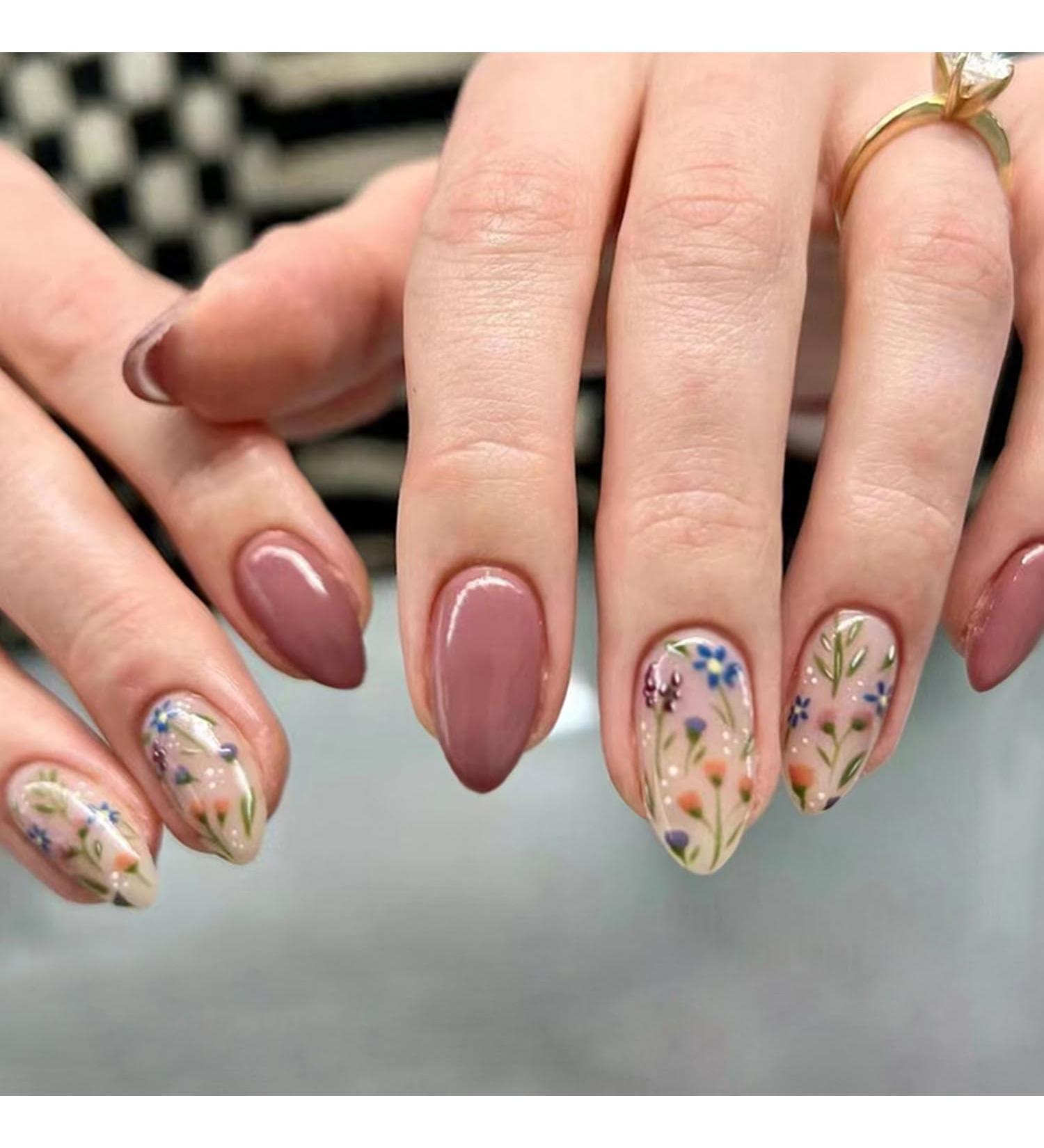Almond Press on Nails - Short Floral Acrylic Nails Kit | Glossy Fall Design | 24Pcs Reusable Stick On Nails for Women & Girls - Buy Online on SooperMarket.com