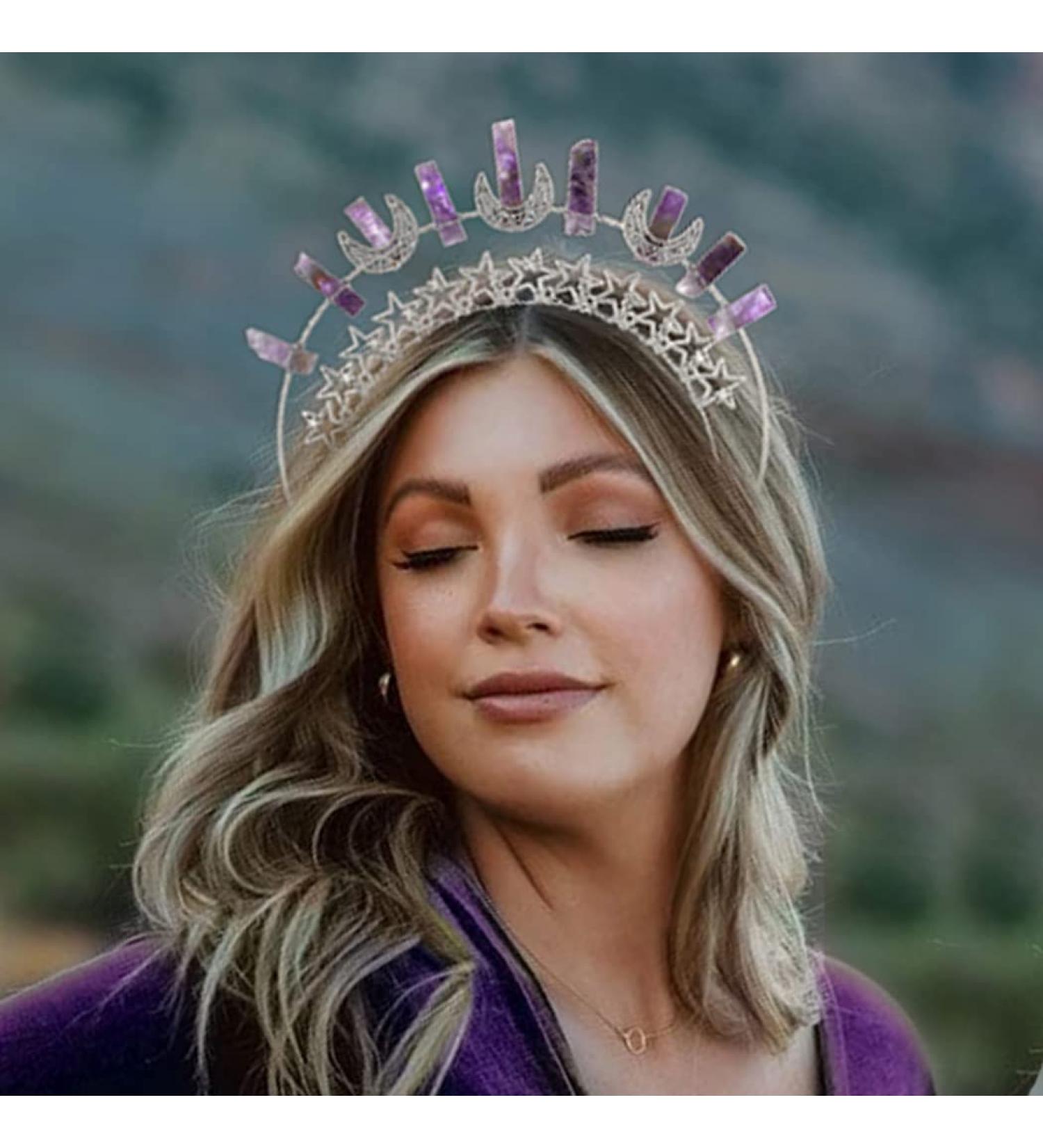 Formery Star Mary Halo Crown Headband - Silver Crescent Moon Amethyst Purple Crystal Goddess Headpiece for Women - Buy Online on SooperMarket.com