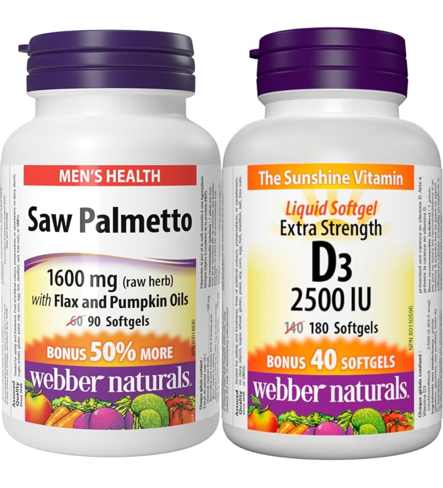 Webber Naturals Saw Palmetto 160 mg Contains Flax and Pumpkin Oil 90 Softgel & Vitamin D3 2500 IU Extra Strength 180 Softgels For Healthy Bones Teeth and Helps Prevent Vitamin D Deficiency Saw Palmetto + VITAMIN 3818 - Buy Online on SooperMarket.com