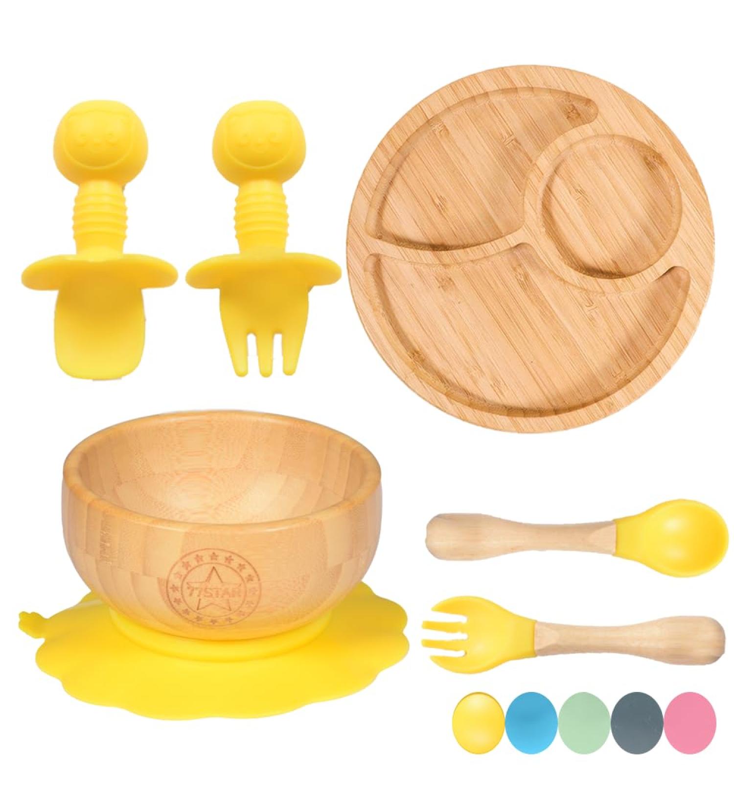 Bamboo Baby Weaning Set - Suction Bowl, Plate, Spoon & Fork in Yellow - Buy Online on SooperMarket.com