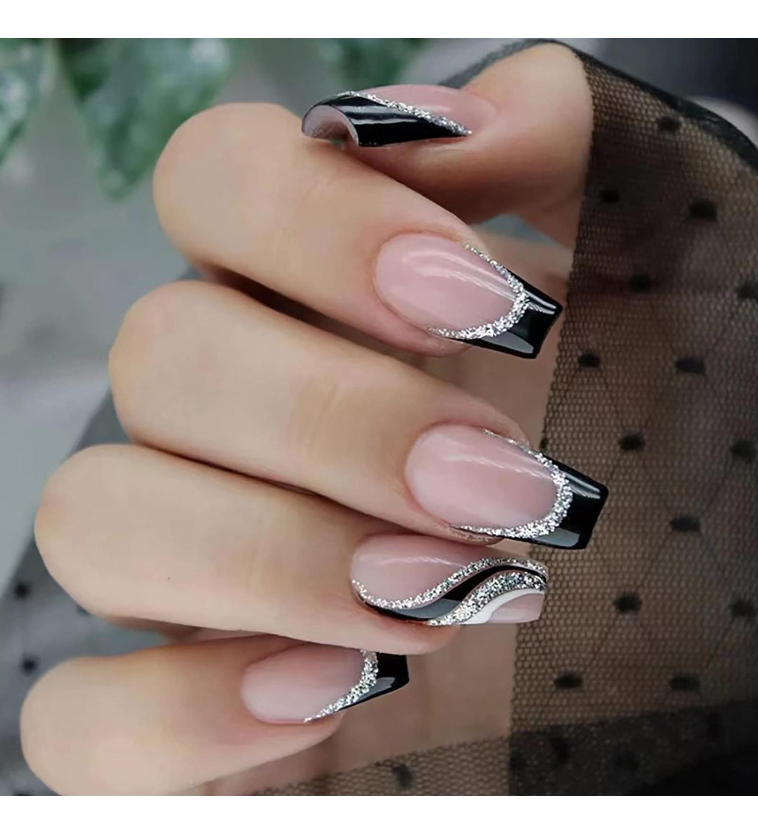 Groovy Nights Silver Glitter Swirl Long Coffin Fake Nails with Glue - 24PCS Set - Buy Online on SooperMarket.com