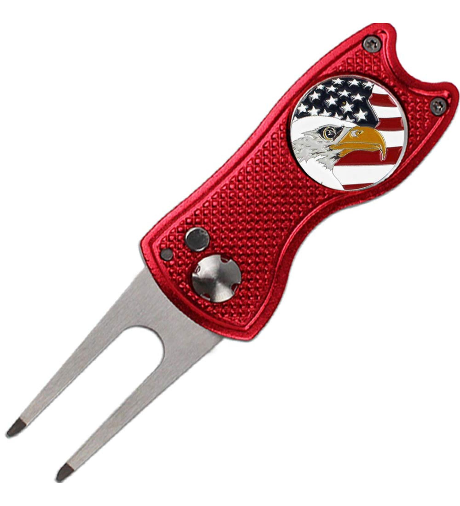 Kaveno Golf Divot Tool - Foldable Stainless Steel Switchblade with USA Ball Marker - Red Eagle Design - Buy Online on SooperMarket.com