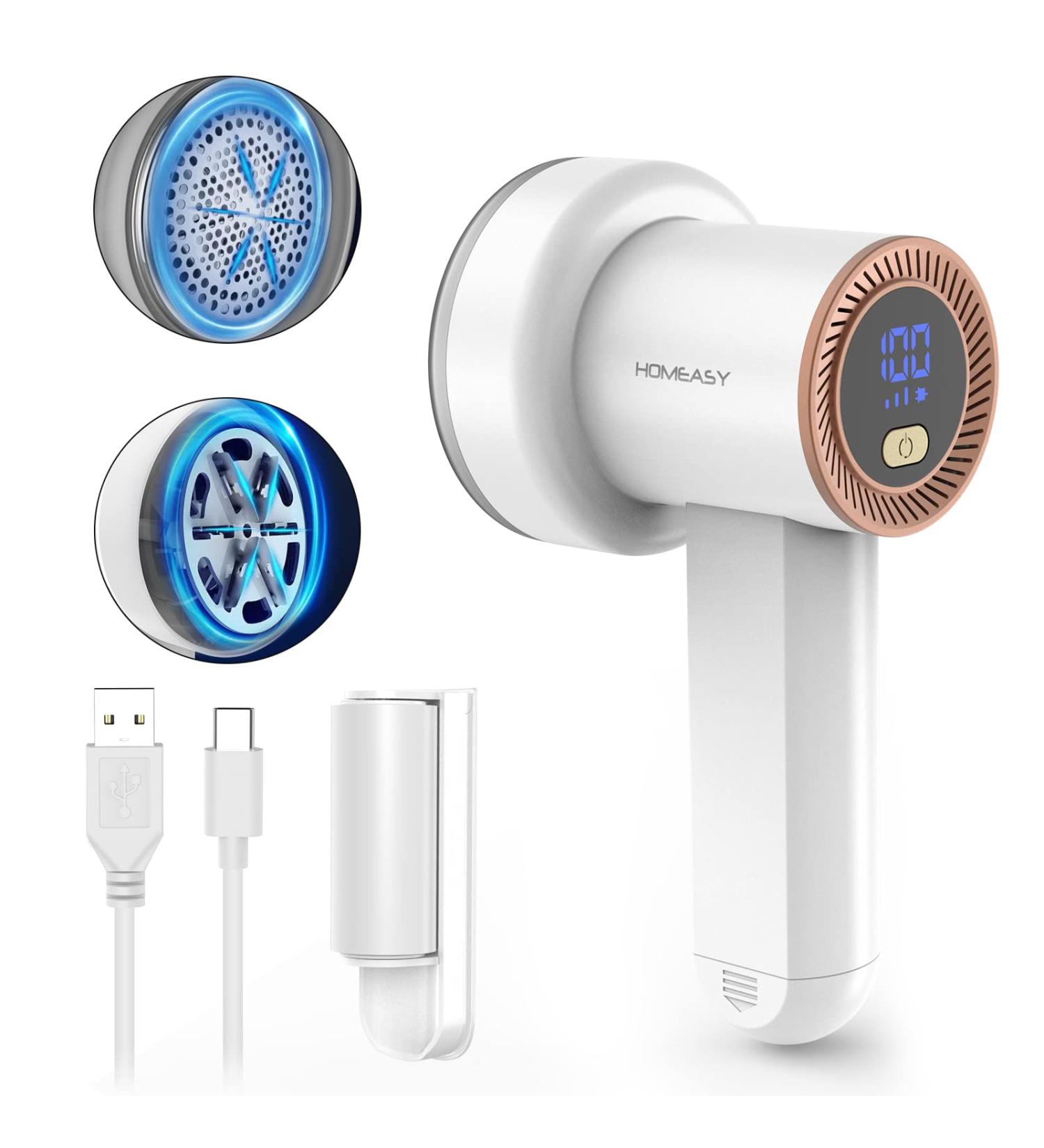 HOMEASY Fabric Shaver Rechargeable Lint Remover with 3 Blades & LED Display - White | Removes Fuzz from Sweaters, Couches, Clothes, Carpets & Furniture - Buy Online on SooperMarket.com