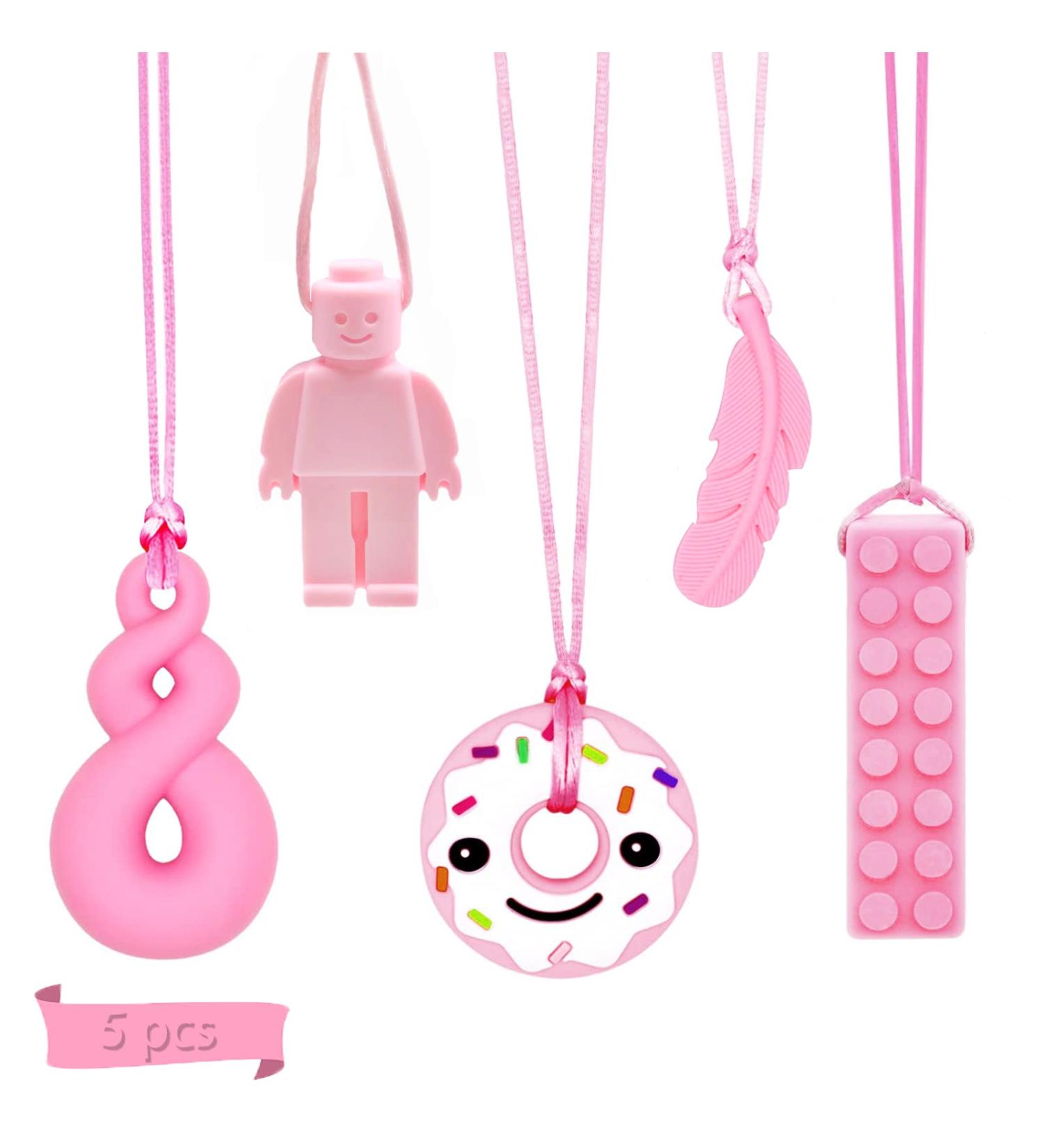 Sensory Chew Necklace Set - 5 Pink Teether Chew Toys for Autistic Children | Anxiety & Biting Relief | Food Grade Silicone Teether for Teething & Oral Motor Needs - Buy Online on SooperMarket.com