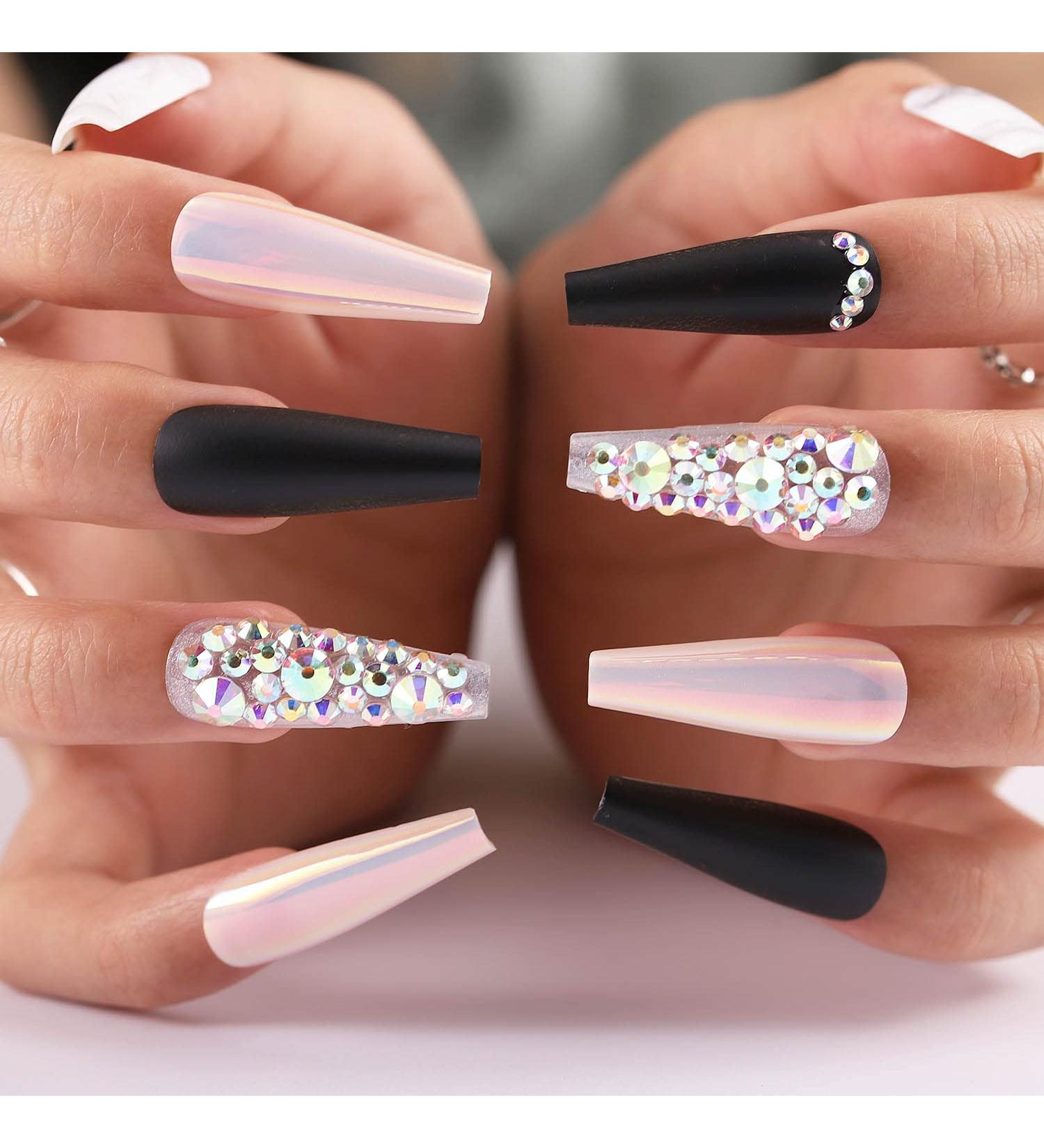 Aksod Glossy Ombre Extra Long Marble Press on Nails - Black Crystal 3D Bling Square Coffin Fake Nails - Full Coverage Acrylic Ballerina False Nails - Perfect for Parties - Women and Girls (Black Crystal) - Buy Online on SooperMarket.com