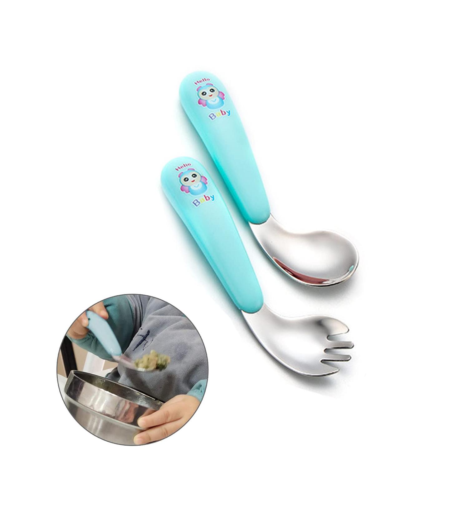 Silent Children Cutlery Set | Curved Handle Stainless Steel Baby Fork & Spoon | Heat-Resistant Self-Learning Feeding Utensils (Green) - Buy Online on SooperMarket.com