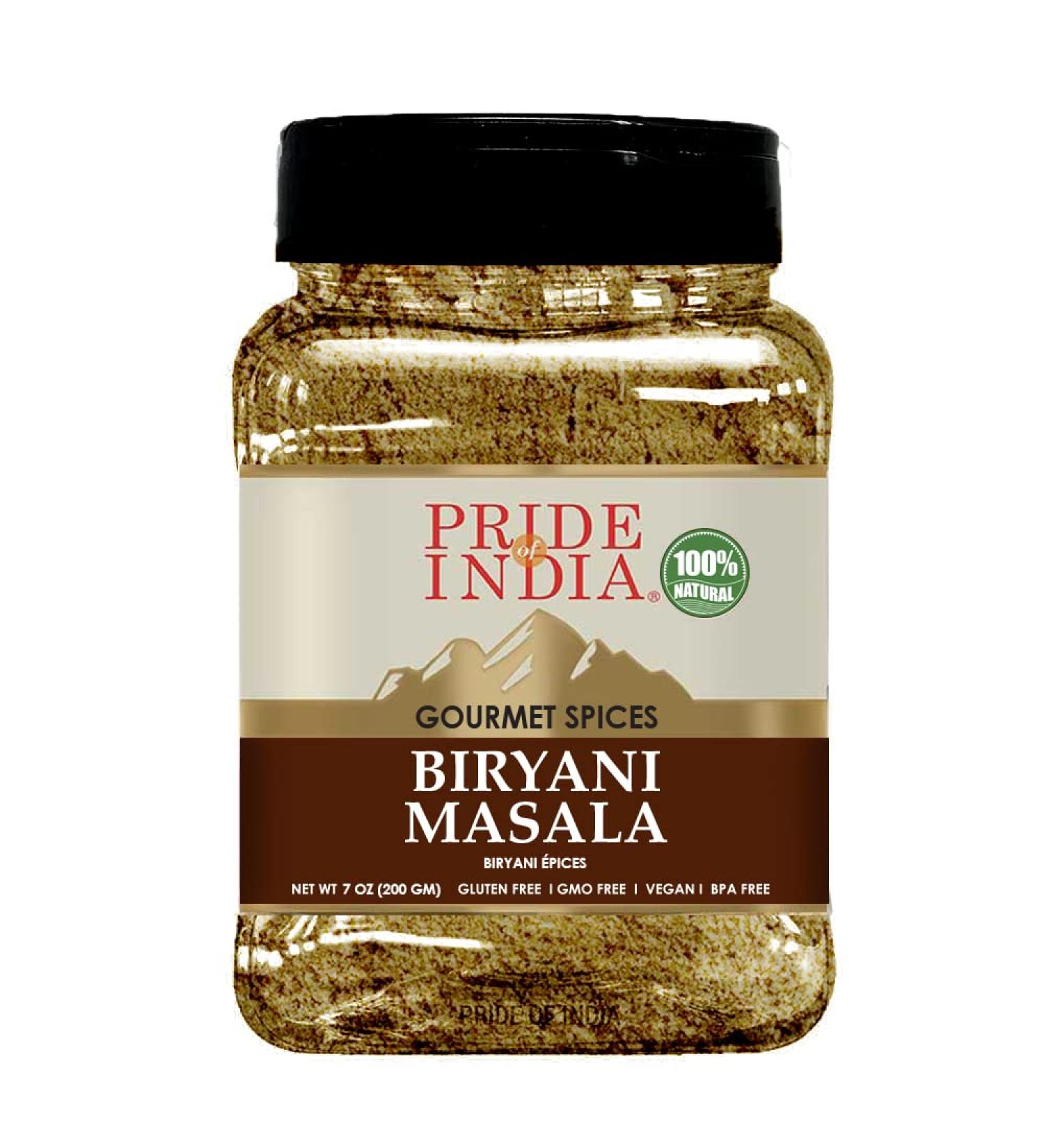 Pride of India  Indian Biryani Masala Seasoning Spice - 8 oz. Medium Dual Sifter Jar - Easy to Use - Ideal for Layered Vegetable and Meat Pilaf  Suitable for Vegetarians & Vegans