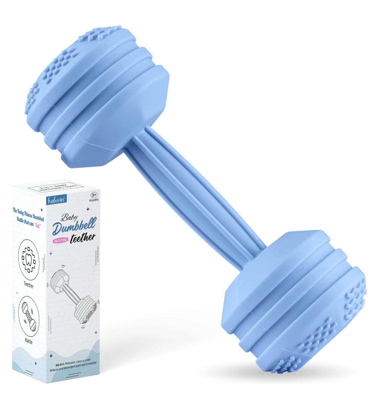 Silicone Baby Dumbbell Teether Toy - Weighted Rattle Sensory Toy for Boys and Girls - Blue - Buy Online on SooperMarket.com