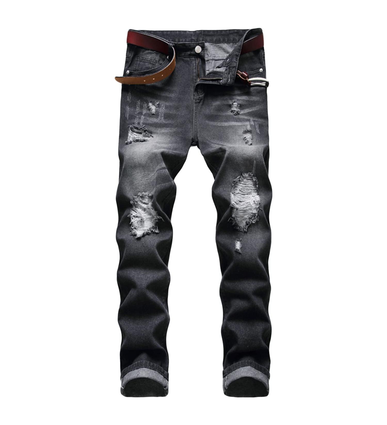 Retro Ripped Slim Jeans Men Regular Fit Distressed Vintage Denim Black 34 - Buy Online on SooperMarket.com