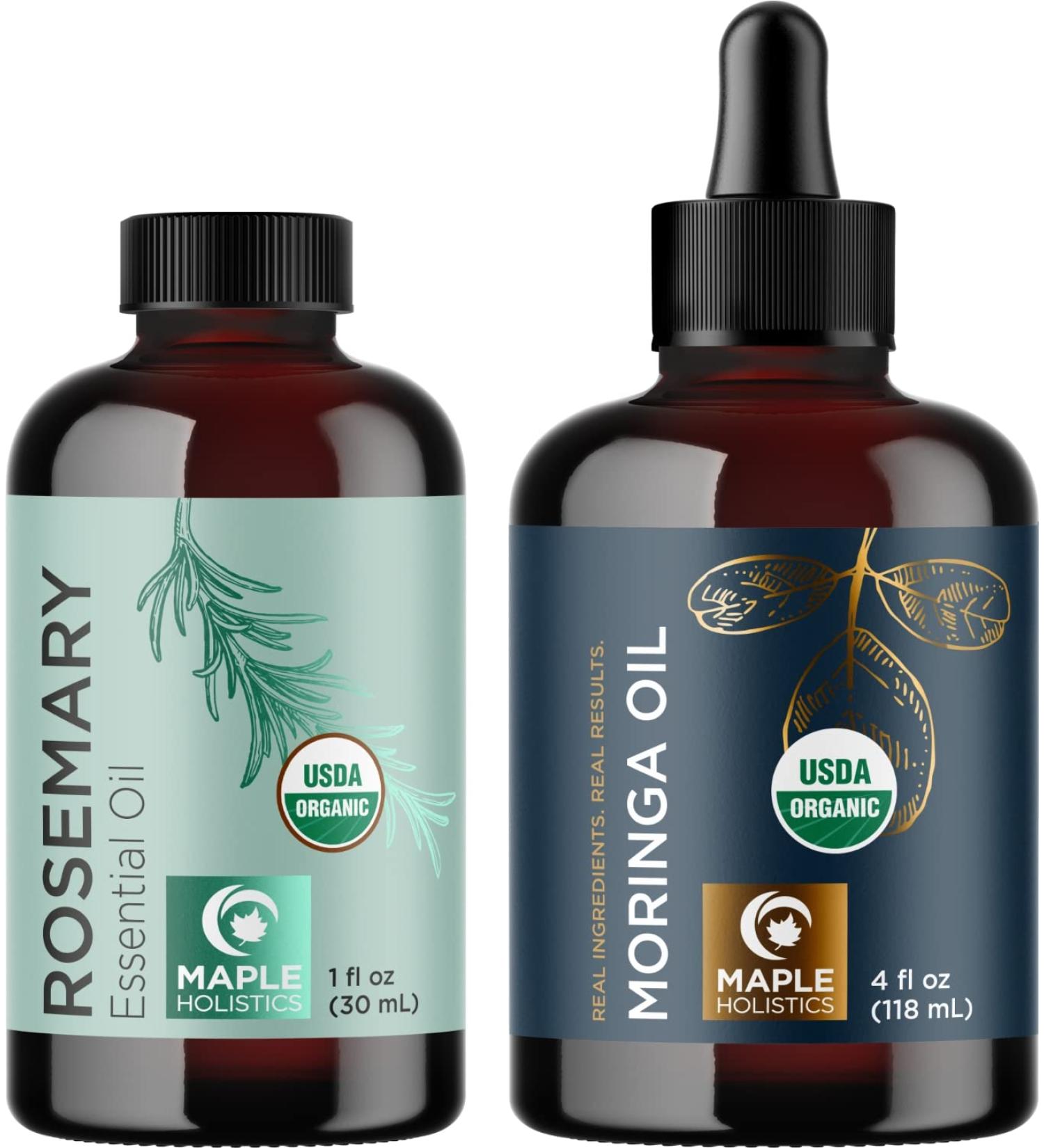 Certified Organic Rosemary & Moringa Oils - USDA Essential Oil for Hair, Skin & Nails - Aromatherapy with Cold Pressed Virgin Moringa Oil - Buy Online on SooperMarket.com