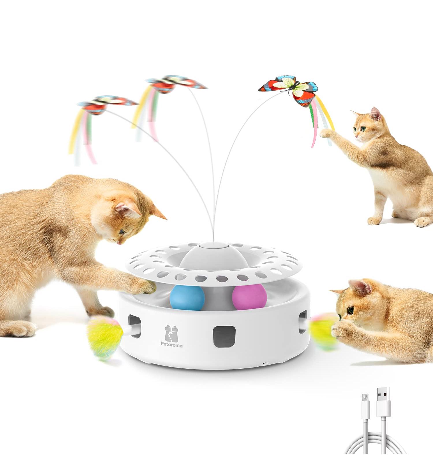 Potaroma 3-in-1 Smart Interactive Electronic Cat Toy - Fluttering Butterfly, Moving Feather, Catnip Balls - Dual Power Supplies - Indoor Exercise Kicker Toy - Bright White - Buy Online on SooperMarket.com